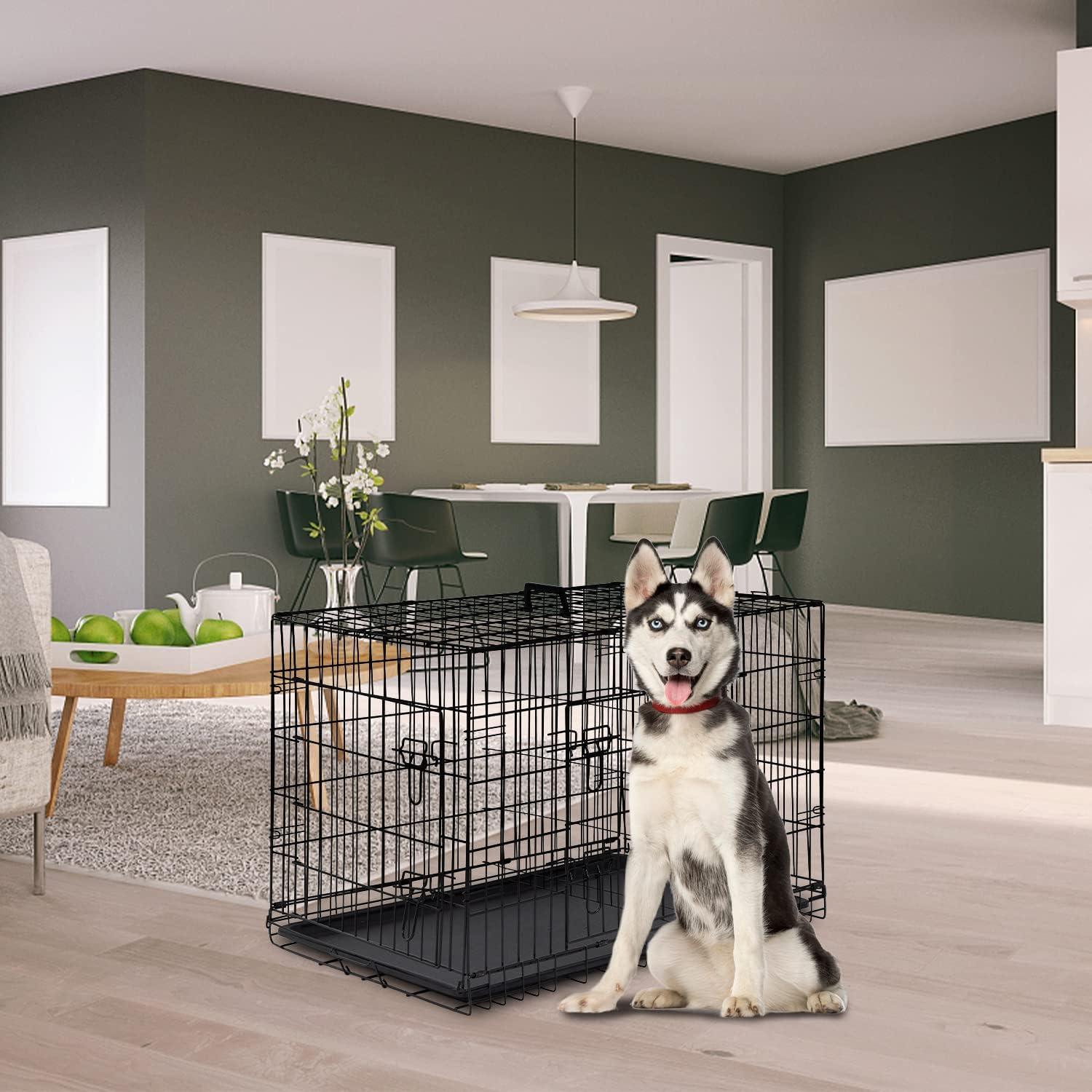 image:imageFDW Dog Crate Dog Kennel Cage with Double Door36 inch Folding Metal Wire Dog Cage with Removable TrayampDivider PanelPet Crate for Medium DogsPinkBlack