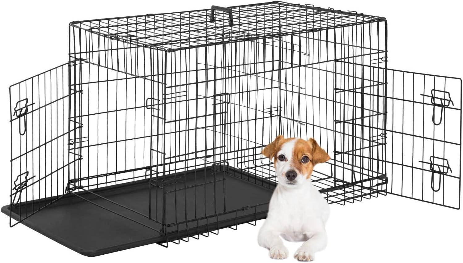 image:imageFDW Dog Crate Dog Kennel Cage with Double Door36 inch Folding Metal Wire Dog Cage with Removable TrayampDivider PanelPet Crate for Medium DogsPinkBlack