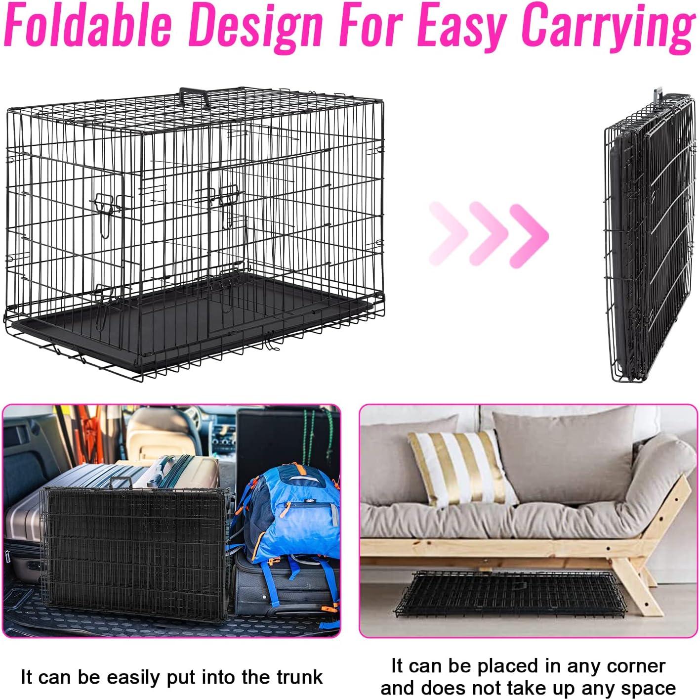image:imageFDW Dog Crate Dog Kennel Cage with Double Door36 inch Folding Metal Wire Dog Cage with Removable TrayampDivider PanelPet Crate for Medium DogsPinkBlack
