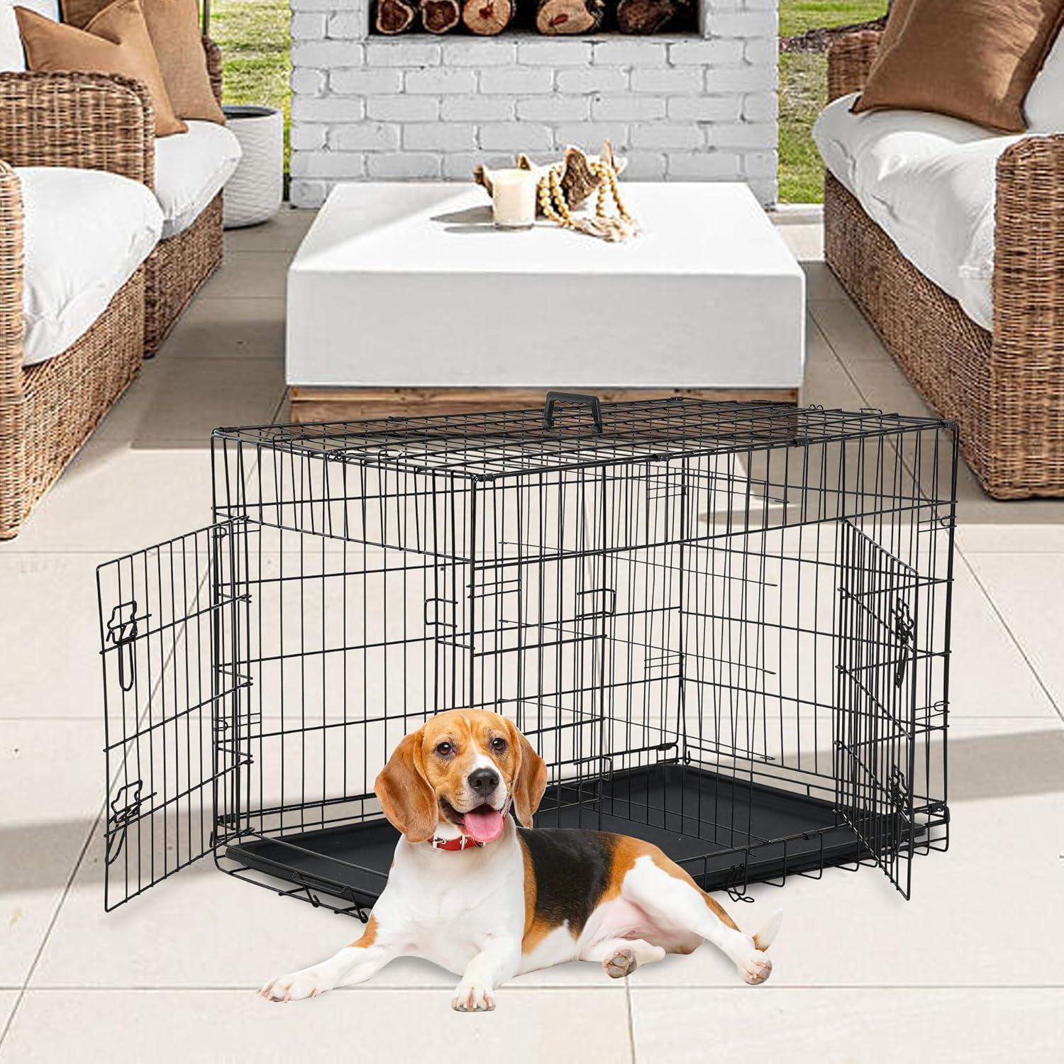image:imageFDW Dog Crate Dog Kennel Cage with Double Door36 inch Folding Metal Wire Dog Cage with Removable TrayampDivider PanelPet Crate for Medium DogsPinkBlack