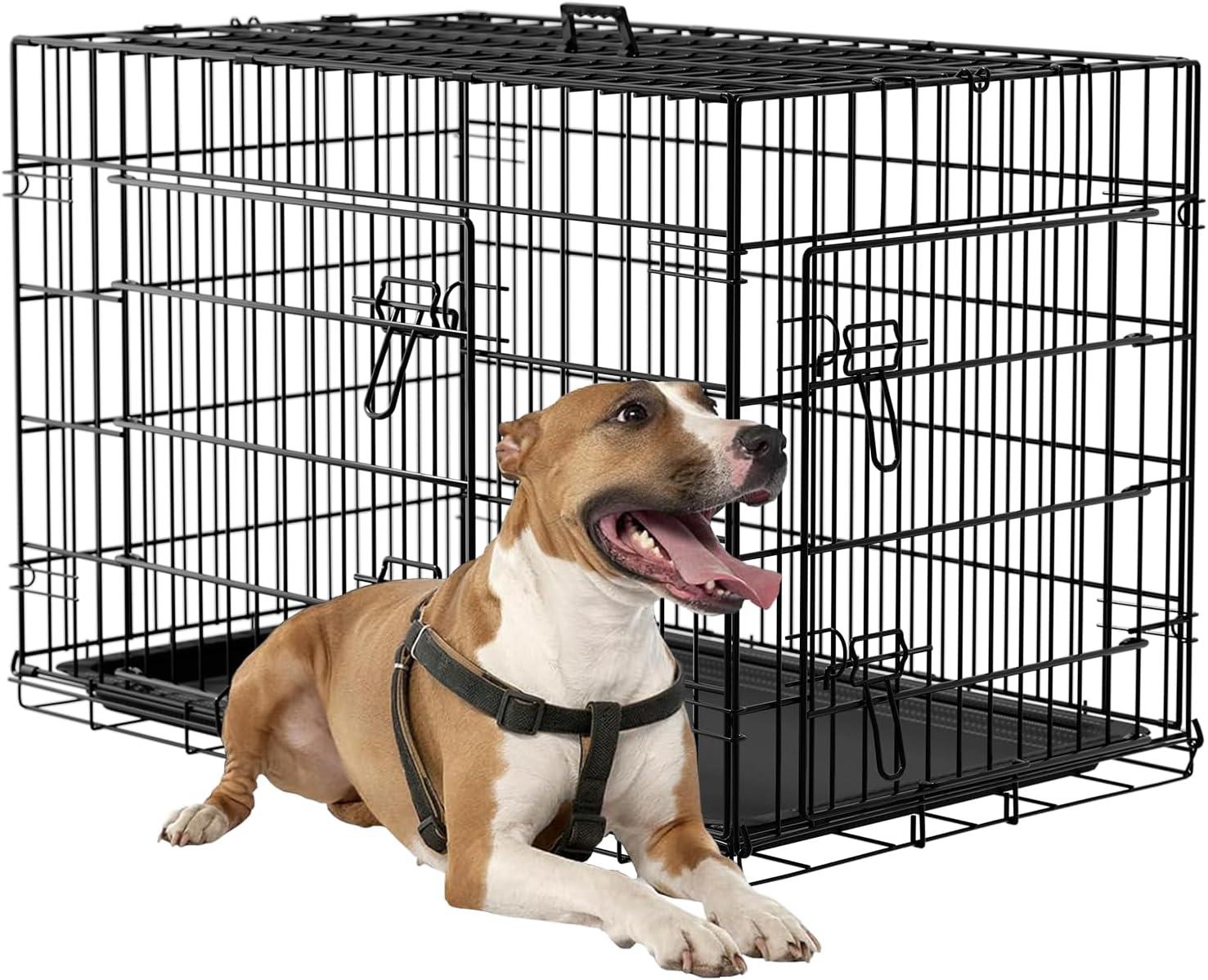 image:imageFDW Dog Crate Dog Kennel Cage with Double Door36 inch Folding Metal Wire Dog Cage with Removable TrayampDivider PanelPet Crate for Medium DogsPinkBlack