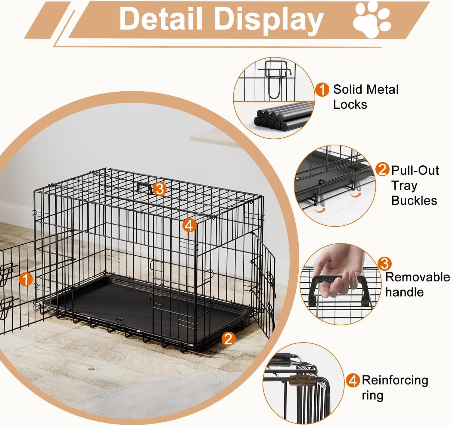 image:imageFDW Dog Crate Dog Kennel Cage with Double Door36 inch Folding Metal Wire Dog Cage with Removable TrayampDivider PanelPet Crate for Medium DogsPinkBlack