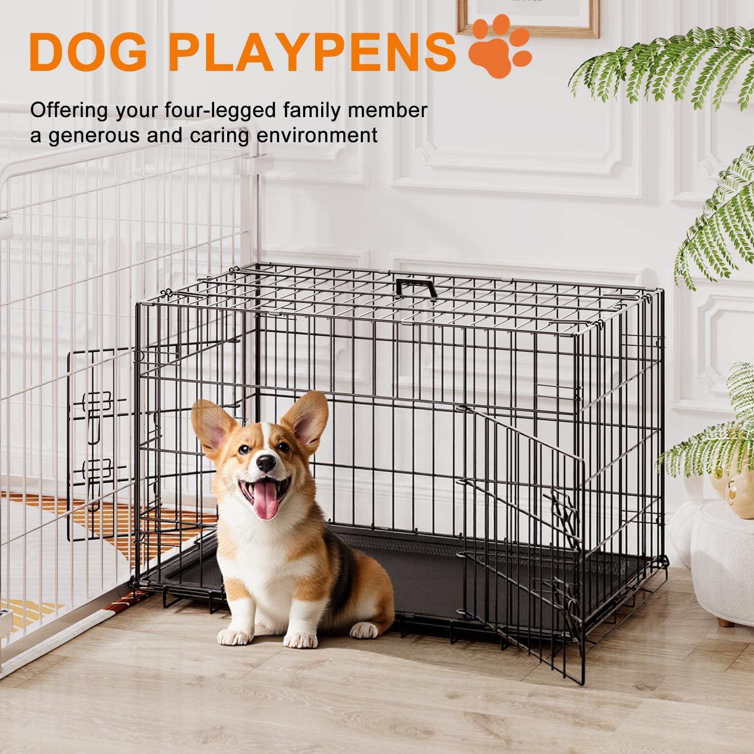 image:imageFDW Dog Crate Dog Kennel Cage with Double Door36 inch Folding Metal Wire Dog Cage with Removable TrayampDivider PanelPet Crate for Medium DogsPinkBlack