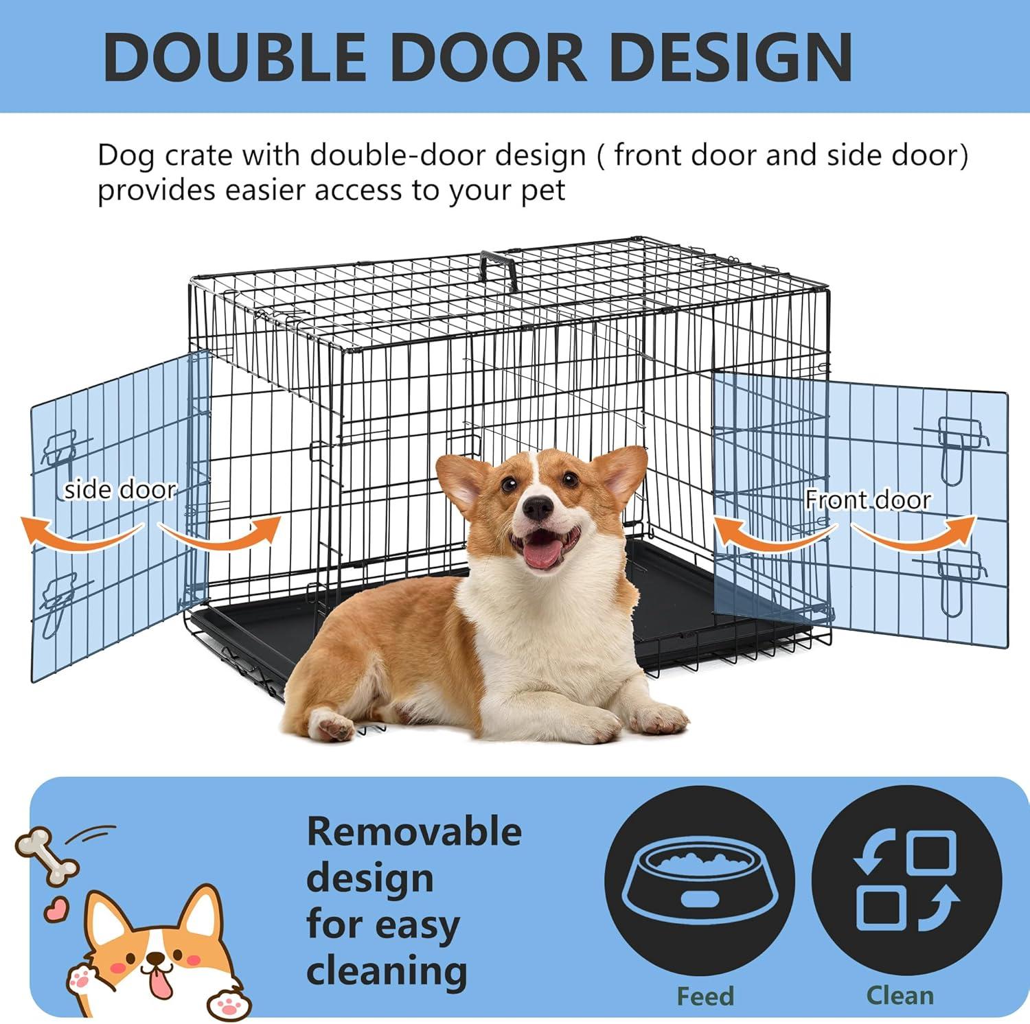 image:imageFDW Dog Crate Dog Kennel Cage with Double Door36 inch Folding Metal Wire Dog Cage with Removable TrayampDivider PanelPet Crate for Medium DogsPinkBlack