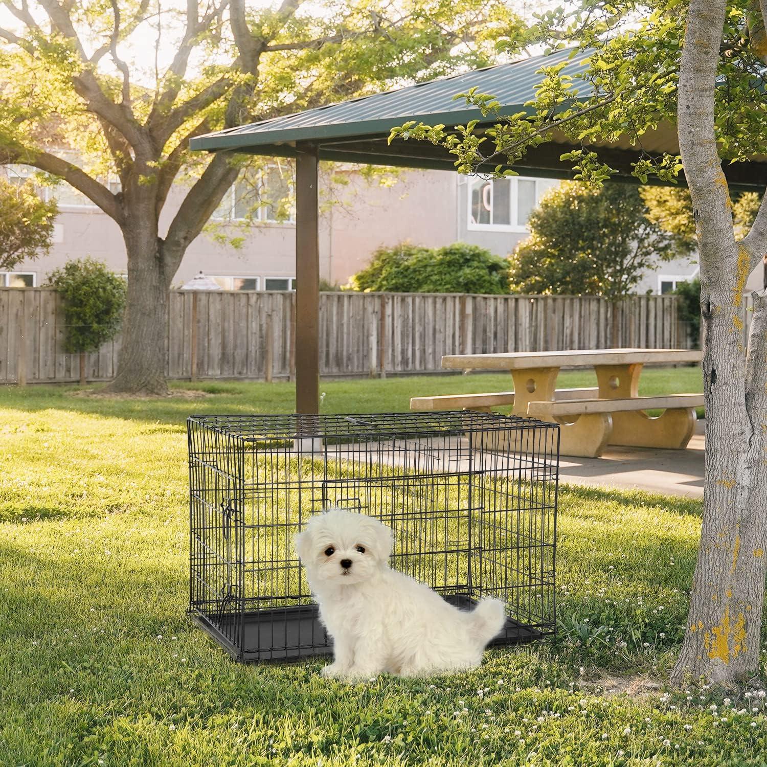 image:imageFDW Dog Crate Dog Kennel Cage with Double Door36 inch Folding Metal Wire Dog Cage with Removable TrayampDivider PanelPet Crate for Medium DogsPinkBlack