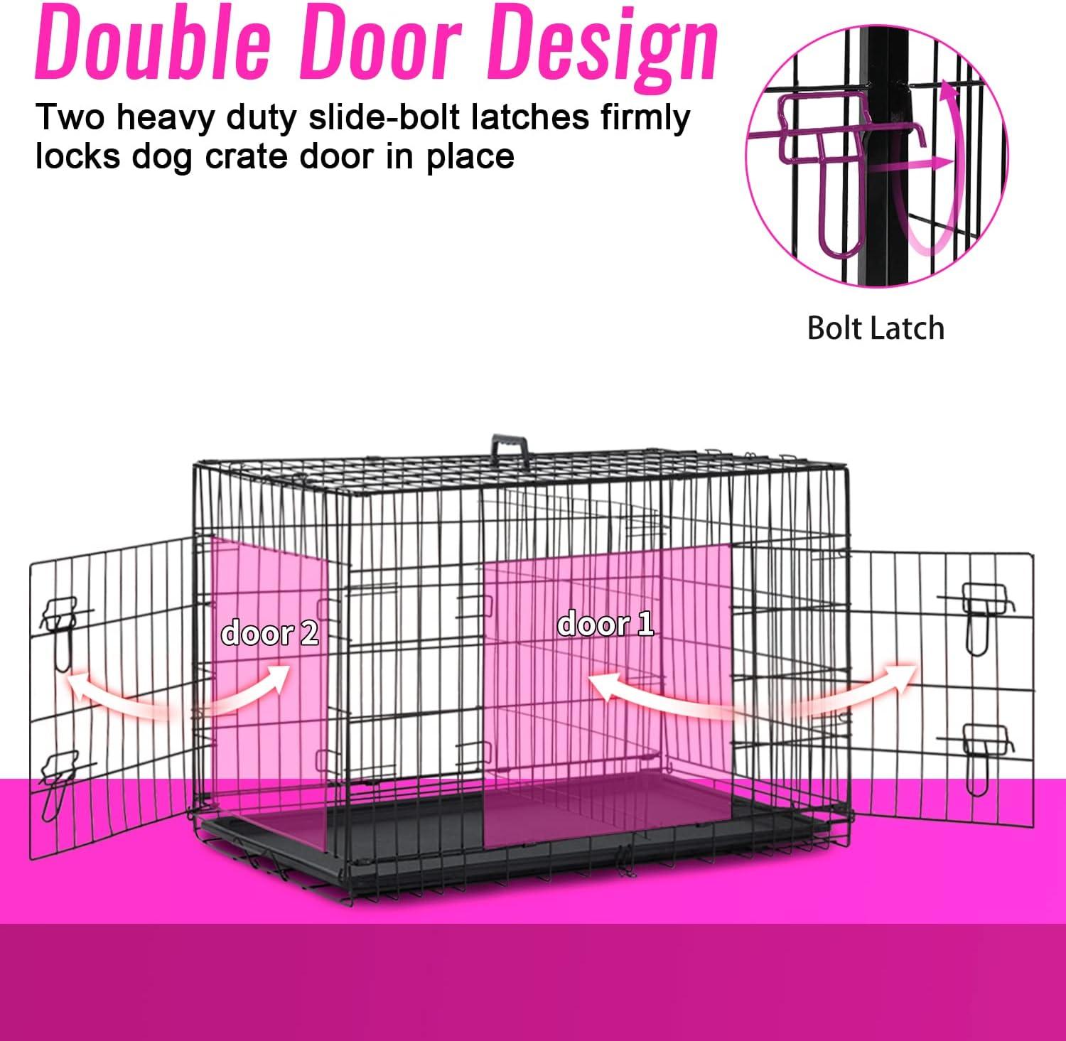 image:imageFDW Dog Crate Dog Kennel Cage with Double Door36 inch Folding Metal Wire Dog Cage with Removable TrayampDivider PanelPet Crate for Medium DogsPinkBlack