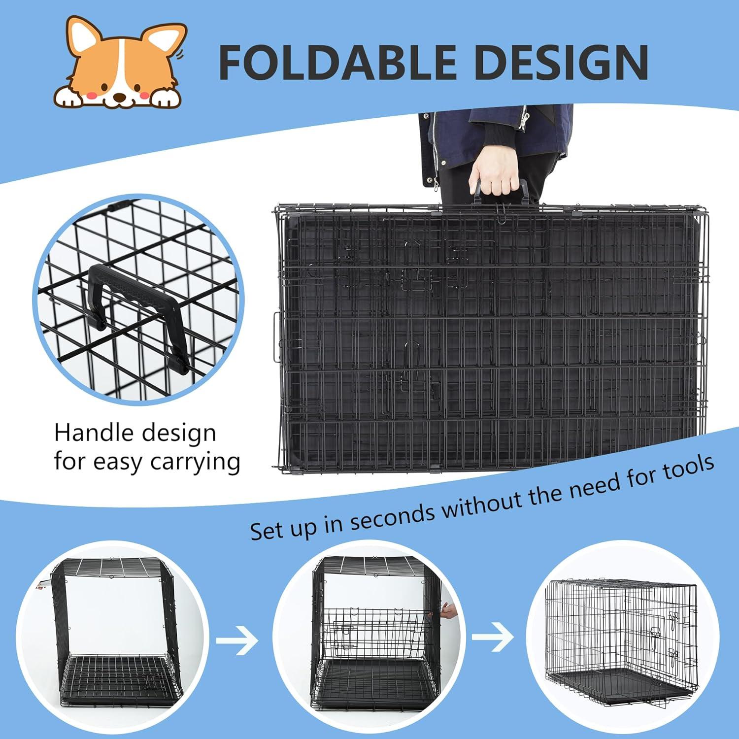 image:imageFDW Dog Crate Dog Kennel Cage with Double Door36 inch Folding Metal Wire Dog Cage with Removable TrayampDivider PanelPet Crate for Medium DogsPinkBlack