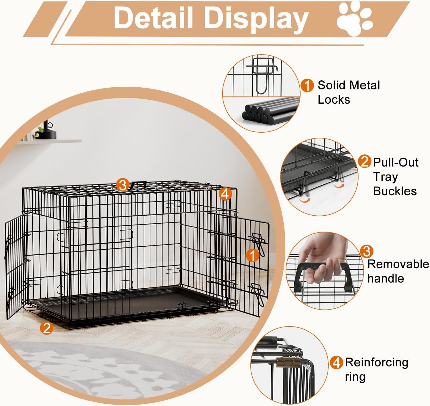image:imageFDW Dog Crate Dog Kennel Cage with Double Door36 inch Folding Metal Wire Dog Cage with Removable TrayampDivider PanelPet Crate for Medium DogsPinkBlack