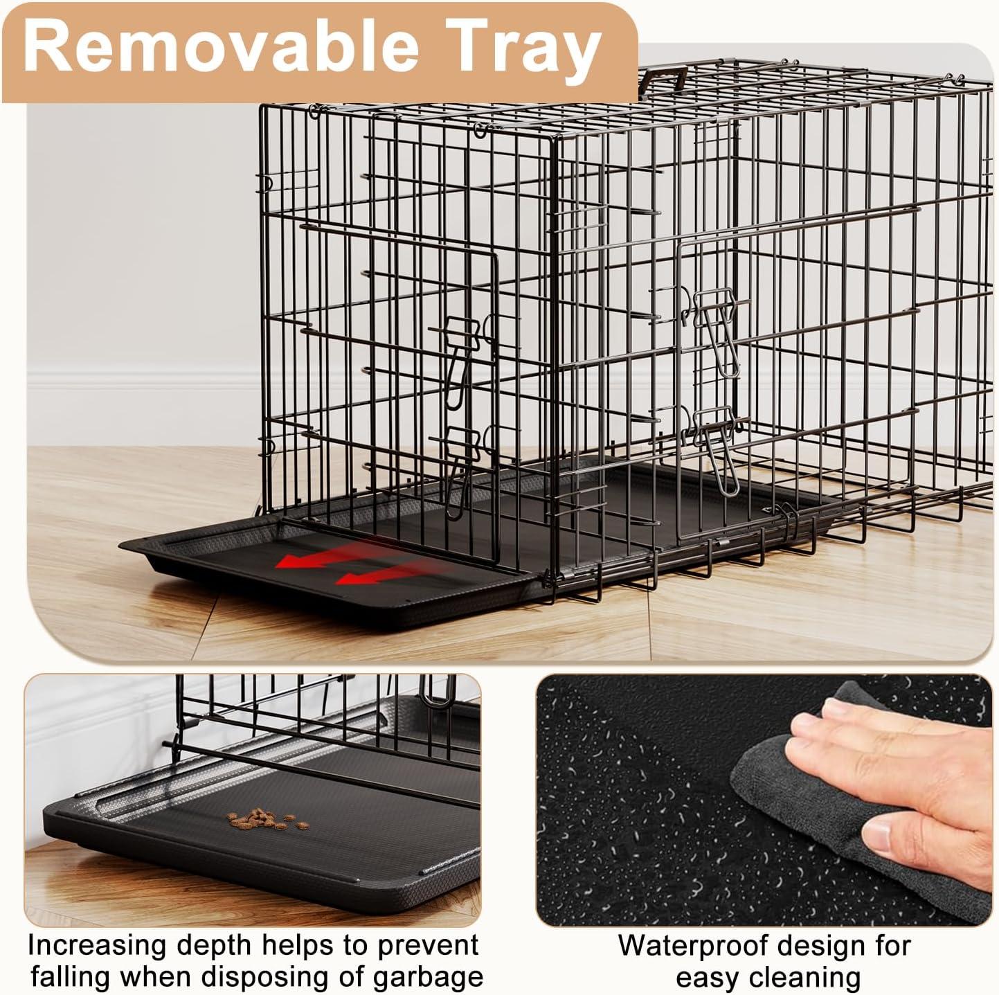 image:imageFDW Dog Crate Dog Kennel Cage with Double Door36 inch Folding Metal Wire Dog Cage with Removable TrayampDivider PanelPet Crate for Medium DogsPinkBlack