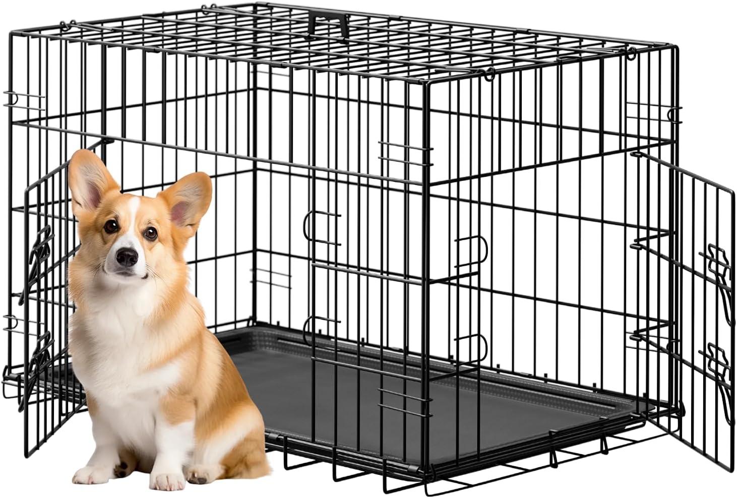 image:imageFDW Dog Crate Dog Kennel Cage with Double Door36 inch Folding Metal Wire Dog Cage with Removable TrayampDivider PanelPet Crate for Medium DogsPinkBlack