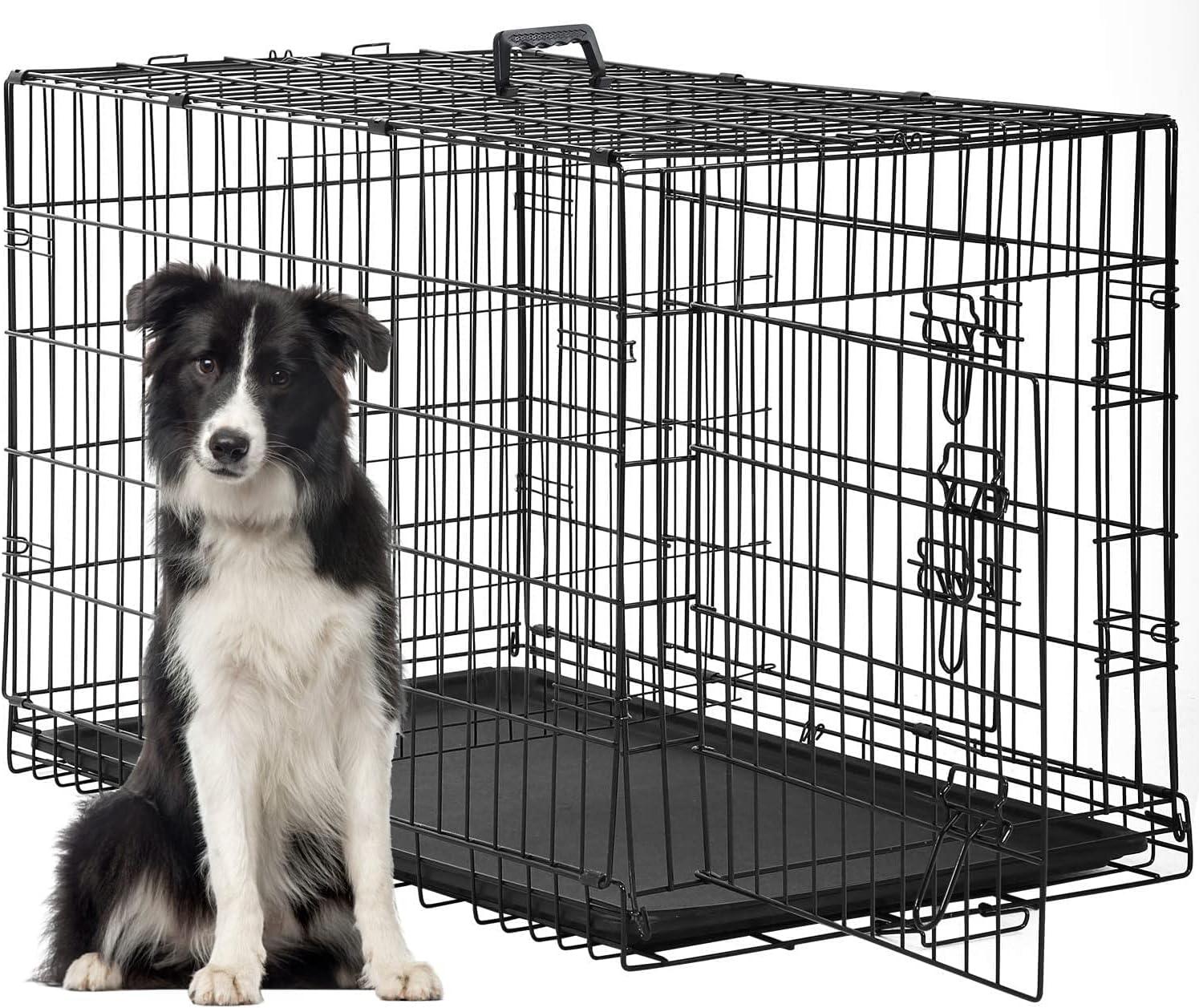 image:imageFDW Dog Crate Dog Kennel Cage with Double Door36 inch Folding Metal Wire Dog Cage with Removable TrayampDivider PanelPet Crate for Medium DogsPinkBlack