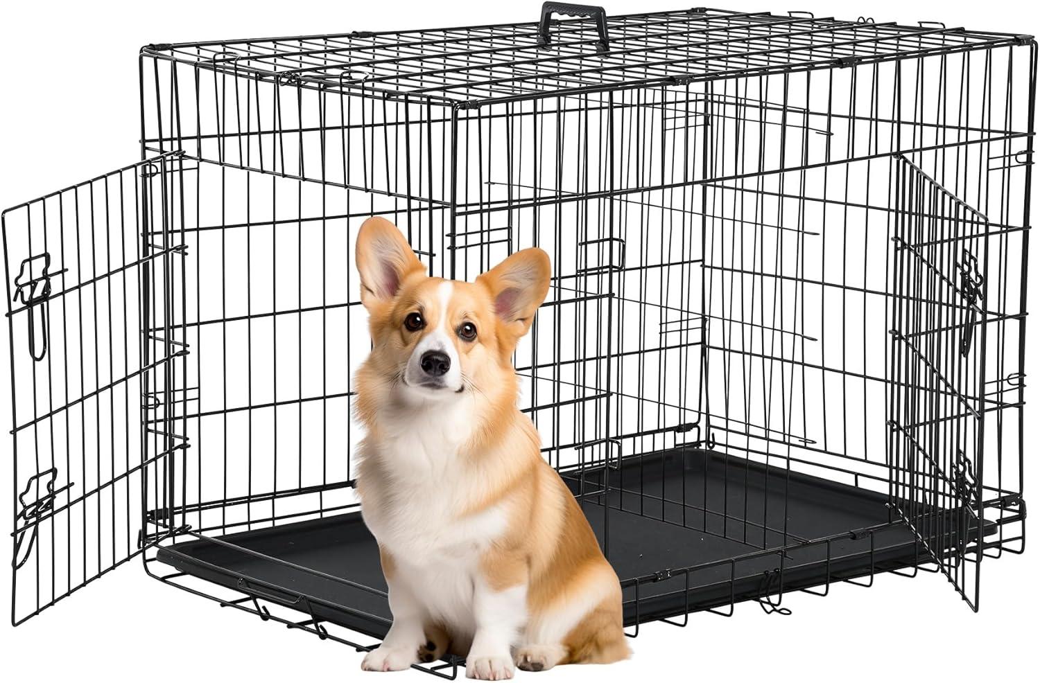 image:imageFDW Dog Crate Dog Kennel Cage with Double Door36 inch Folding Metal Wire Dog Cage with Removable TrayampDivider PanelPet Crate for Medium DogsPinkBlack