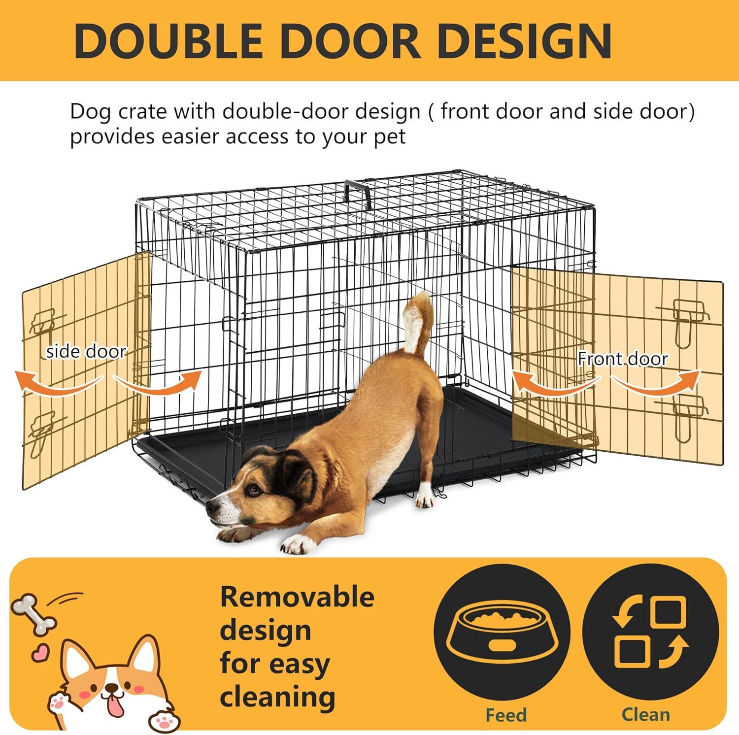 image:imageFDW Dog Crate Dog Kennel Cage with Double Door36 inch Folding Metal Wire Dog Cage with Removable TrayampDivider PanelPet Crate for Medium DogsPinkBlack