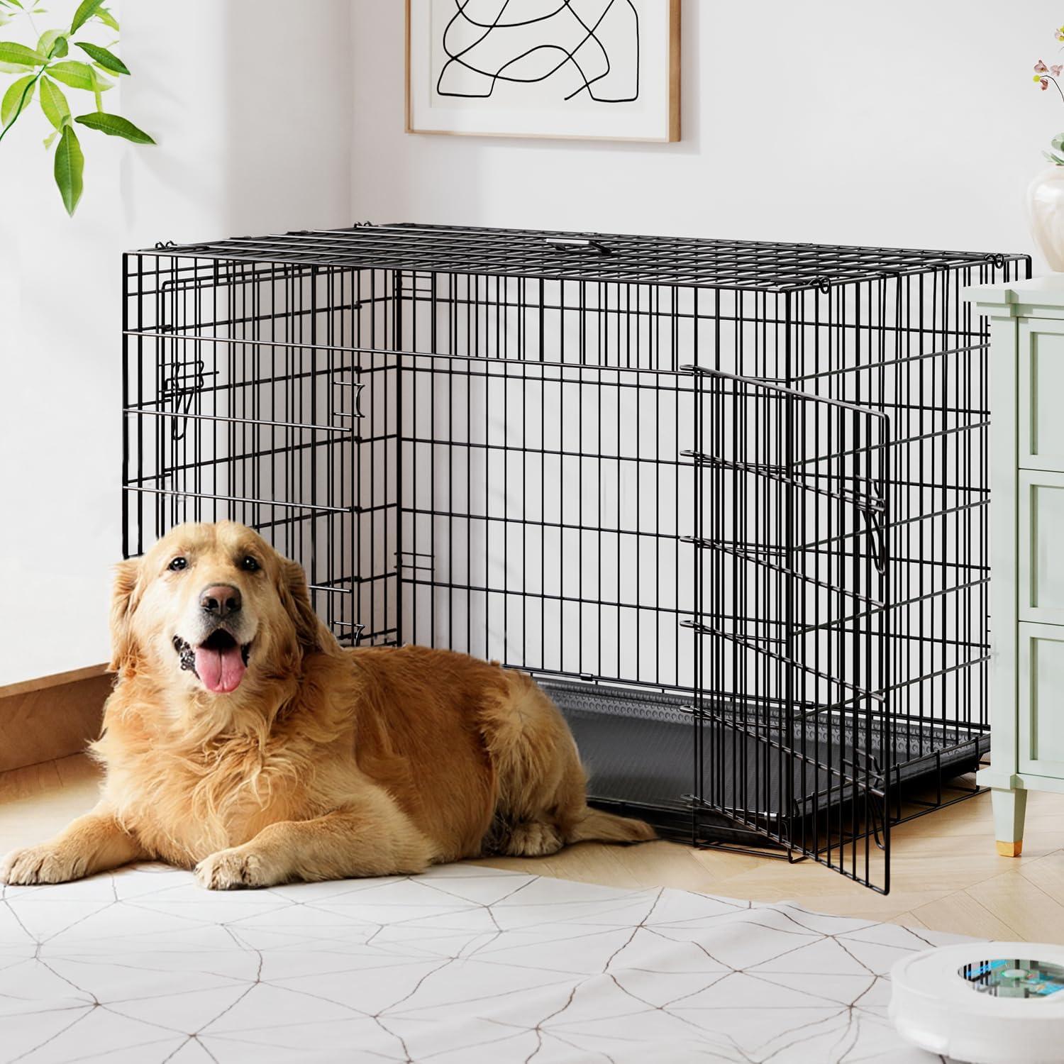 image:imageFDW Dog Crate Dog Kennel Cage with Double Door36 inch Folding Metal Wire Dog Cage with Removable TrayampDivider PanelPet Crate for Medium DogsPinkBlack