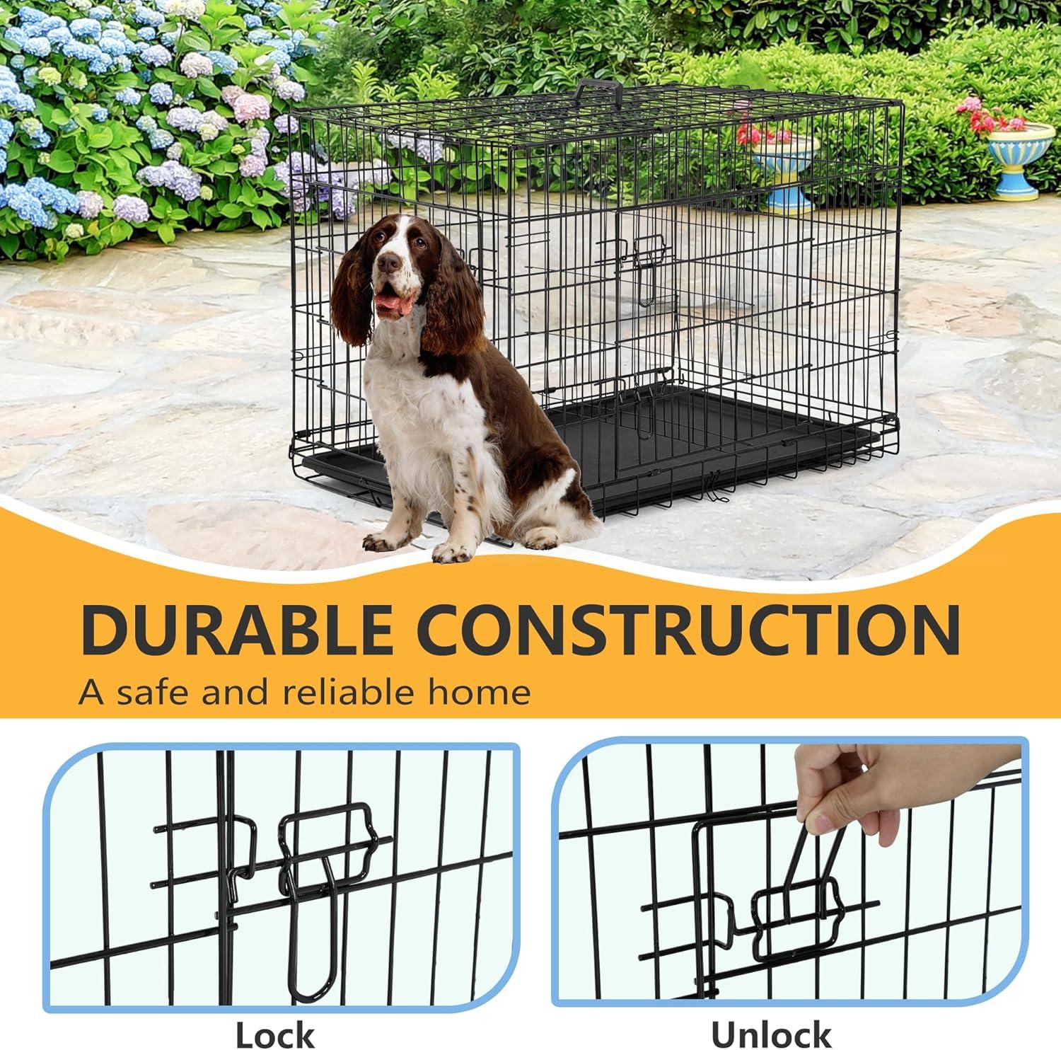 image:imageFDW Dog Crate Dog Kennel Cage with Double Door36 inch Folding Metal Wire Dog Cage with Removable TrayampDivider PanelPet Crate for Medium DogsPinkBlack