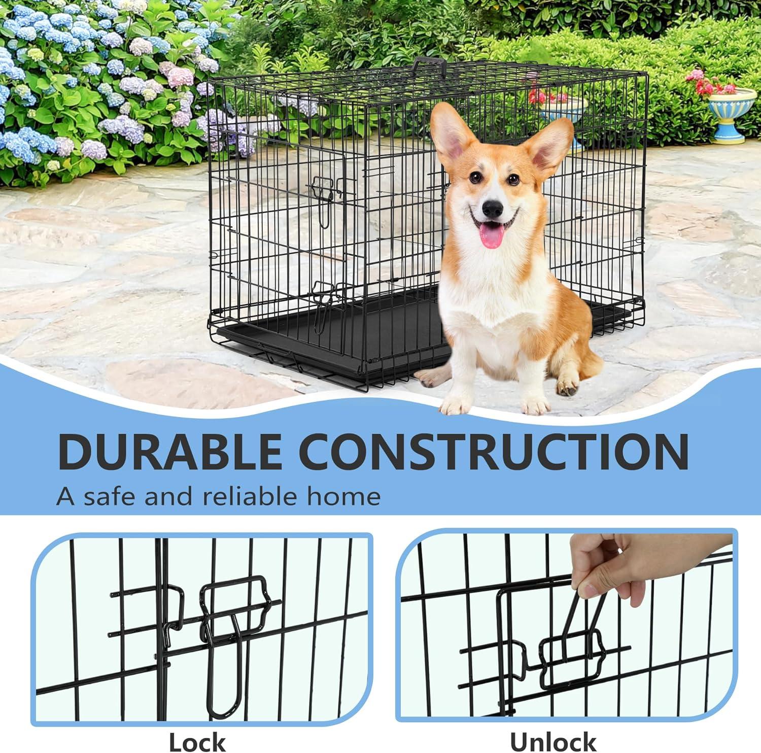 image:imageFDW Dog Crate Dog Kennel Cage with Double Door36 inch Folding Metal Wire Dog Cage with Removable TrayampDivider PanelPet Crate for Medium DogsPinkBlack