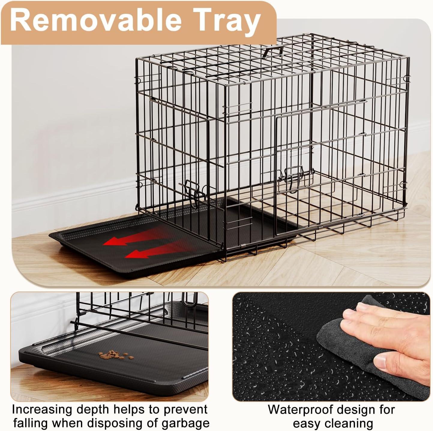 image:imageFDW Dog Crate Dog Kennel Cage with Double Door36 inch Folding Metal Wire Dog Cage with Removable TrayampDivider PanelPet Crate for Medium DogsPinkBlack