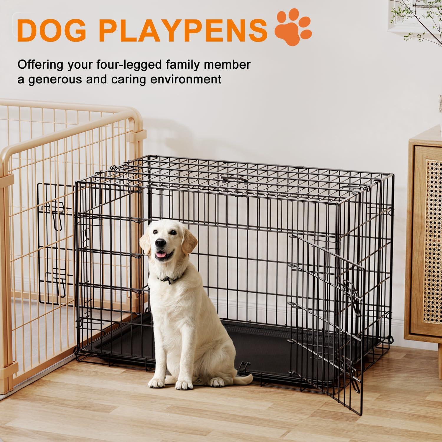 image:imageFDW Dog Crate Dog Kennel Cage with Double Door36 inch Folding Metal Wire Dog Cage with Removable TrayampDivider PanelPet Crate for Medium DogsPinkBlack