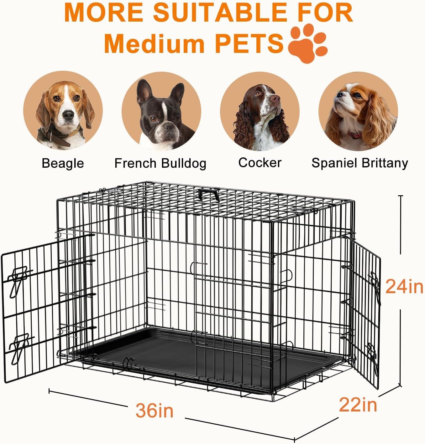 image:imageFDW Dog Crate Dog Kennel Cage with Double Door36 inch Folding Metal Wire Dog Cage with Removable TrayampDivider PanelPet Crate for Medium DogsPinkBlack