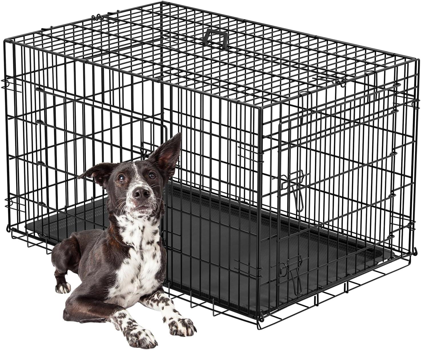image:imageFDW Dog Crate Dog Kennel Cage with Double Door36 inch Folding Metal Wire Dog Cage with Removable TrayampDivider PanelPet Crate for Medium DogsPinkBlack