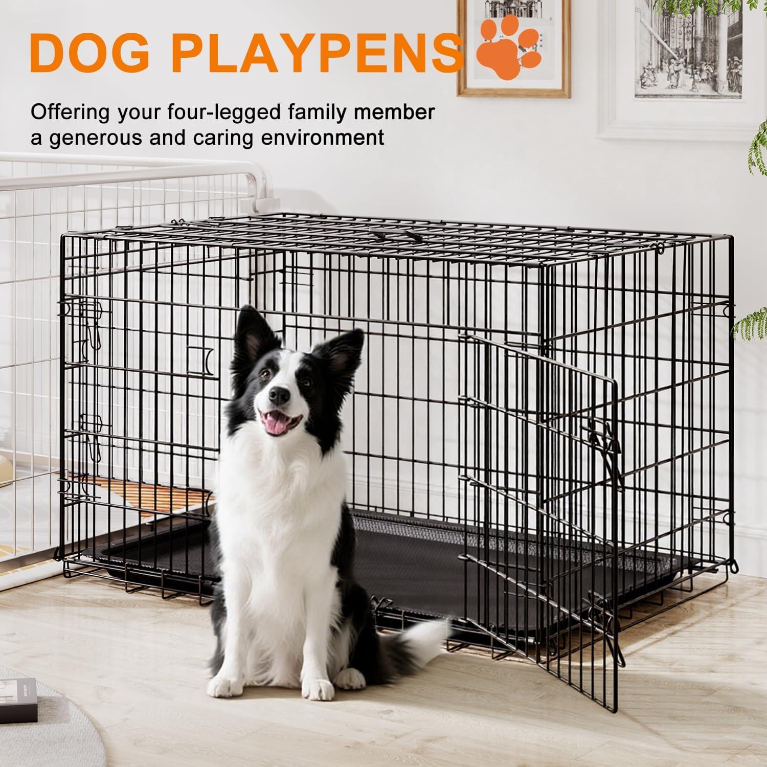 image:imageFDW Dog Crate Dog Kennel Cage with Double Door36 inch Folding Metal Wire Dog Cage with Removable TrayampDivider PanelPet Crate for Medium DogsPinkBlack