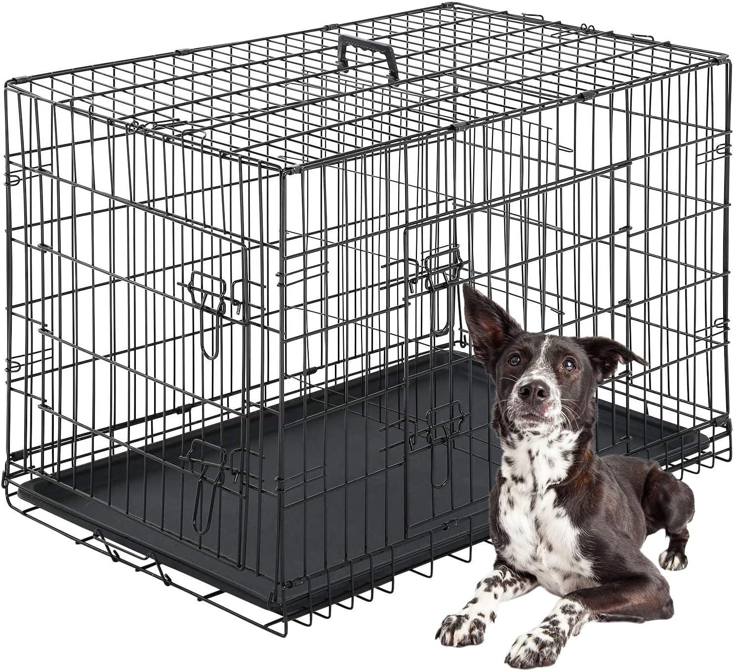 image:imageFDW Dog Crate Dog Kennel Cage with Double Door36 inch Folding Metal Wire Dog Cage with Removable TrayampDivider PanelPet Crate for Medium DogsPinkBlack