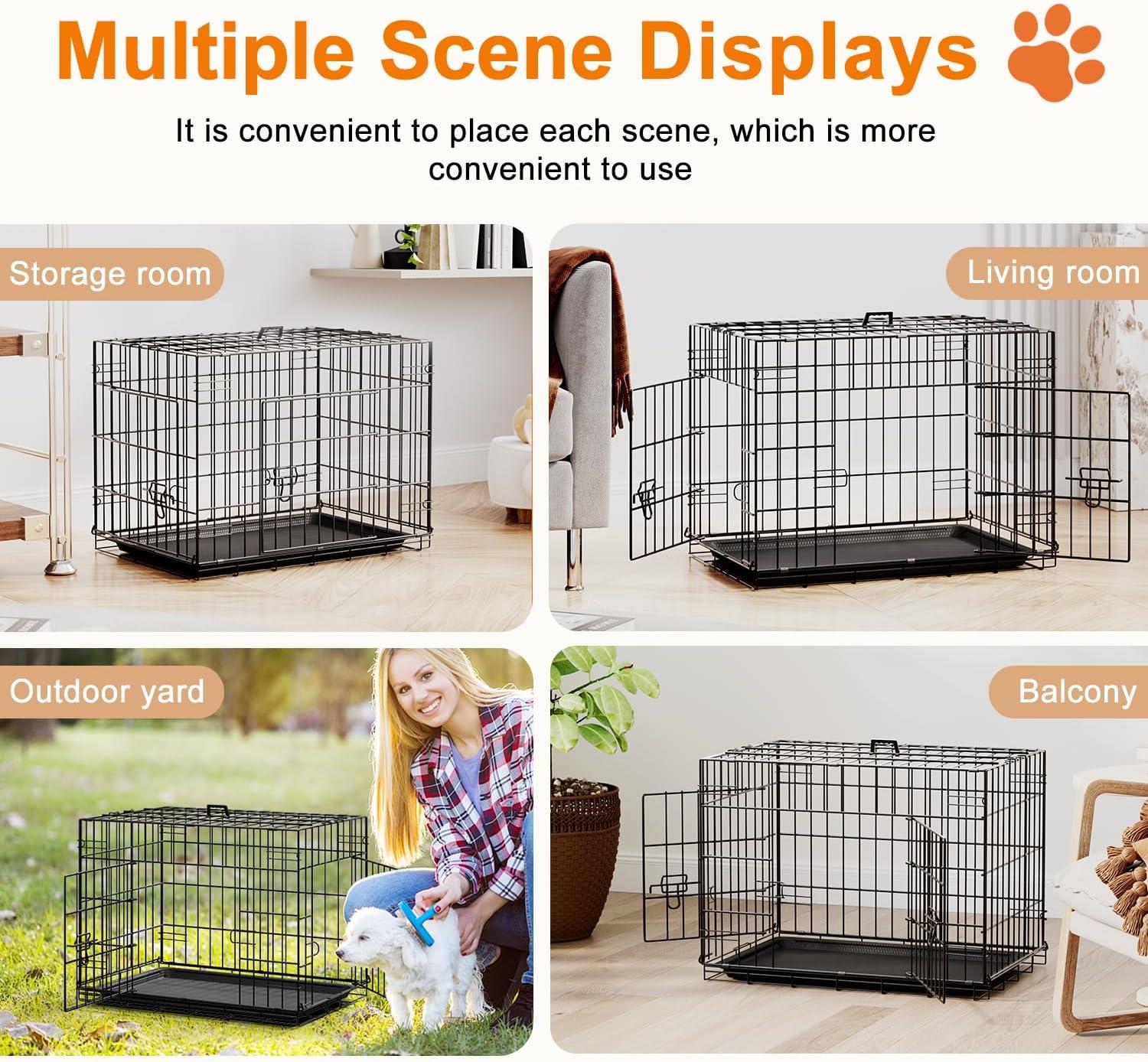 image:imageFDW Dog Crate Dog Kennel Cage with Double Door36 inch Folding Metal Wire Dog Cage with Removable TrayampDivider PanelPet Crate for Medium DogsPinkBlack