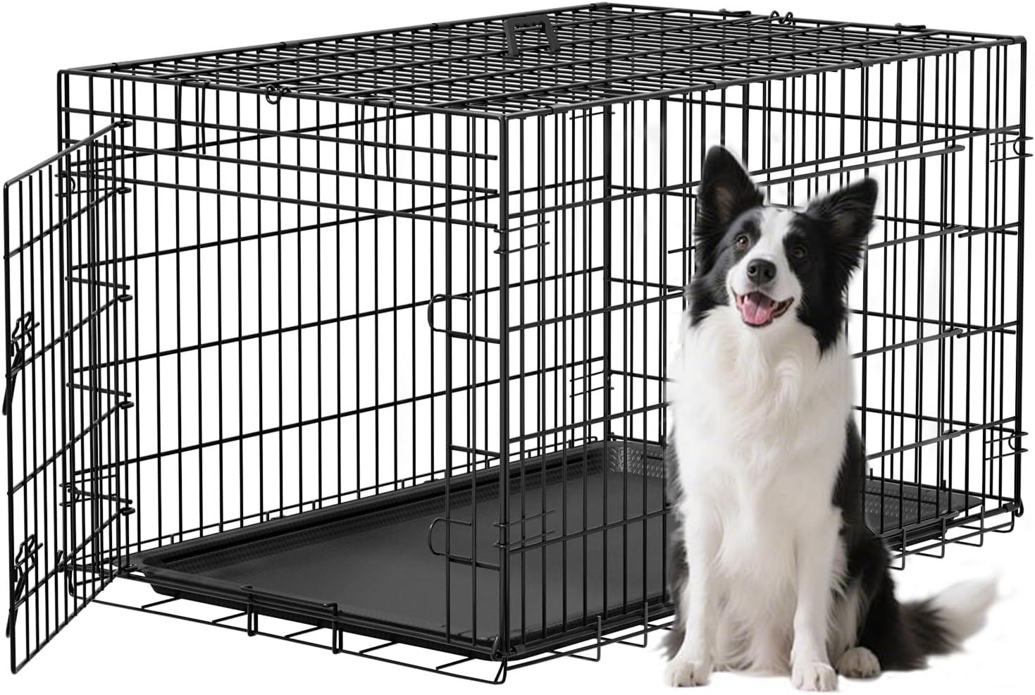 image:imageFDW Dog Crate Dog Kennel Cage with Double Door36 inch Folding Metal Wire Dog Cage with Removable TrayampDivider PanelPet Crate for Medium DogsPinkBlack