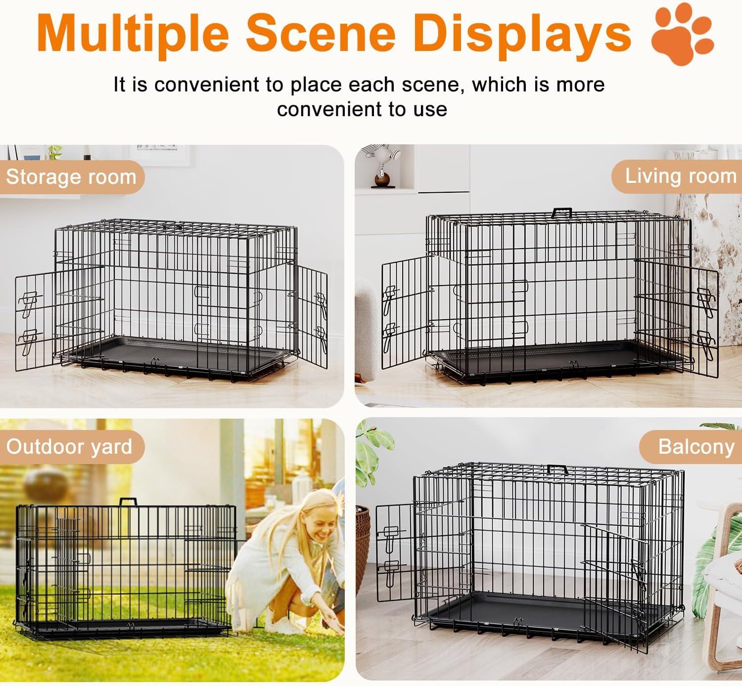 image:imageFDW Dog Crate Dog Kennel Cage with Double Door36 inch Folding Metal Wire Dog Cage with Removable TrayampDivider PanelPet Crate for Medium DogsPinkBlack
