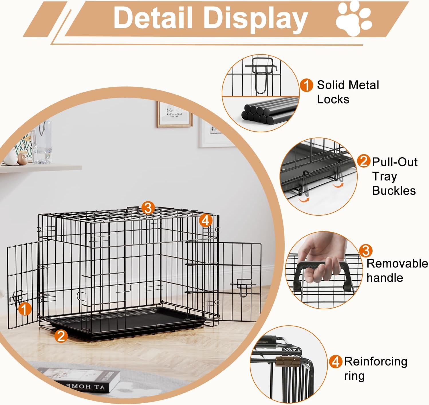 image:imageFDW Dog Crate Dog Kennel Cage with Double Door36 inch Folding Metal Wire Dog Cage with Removable TrayampDivider PanelPet Crate for Medium DogsPinkBlack
