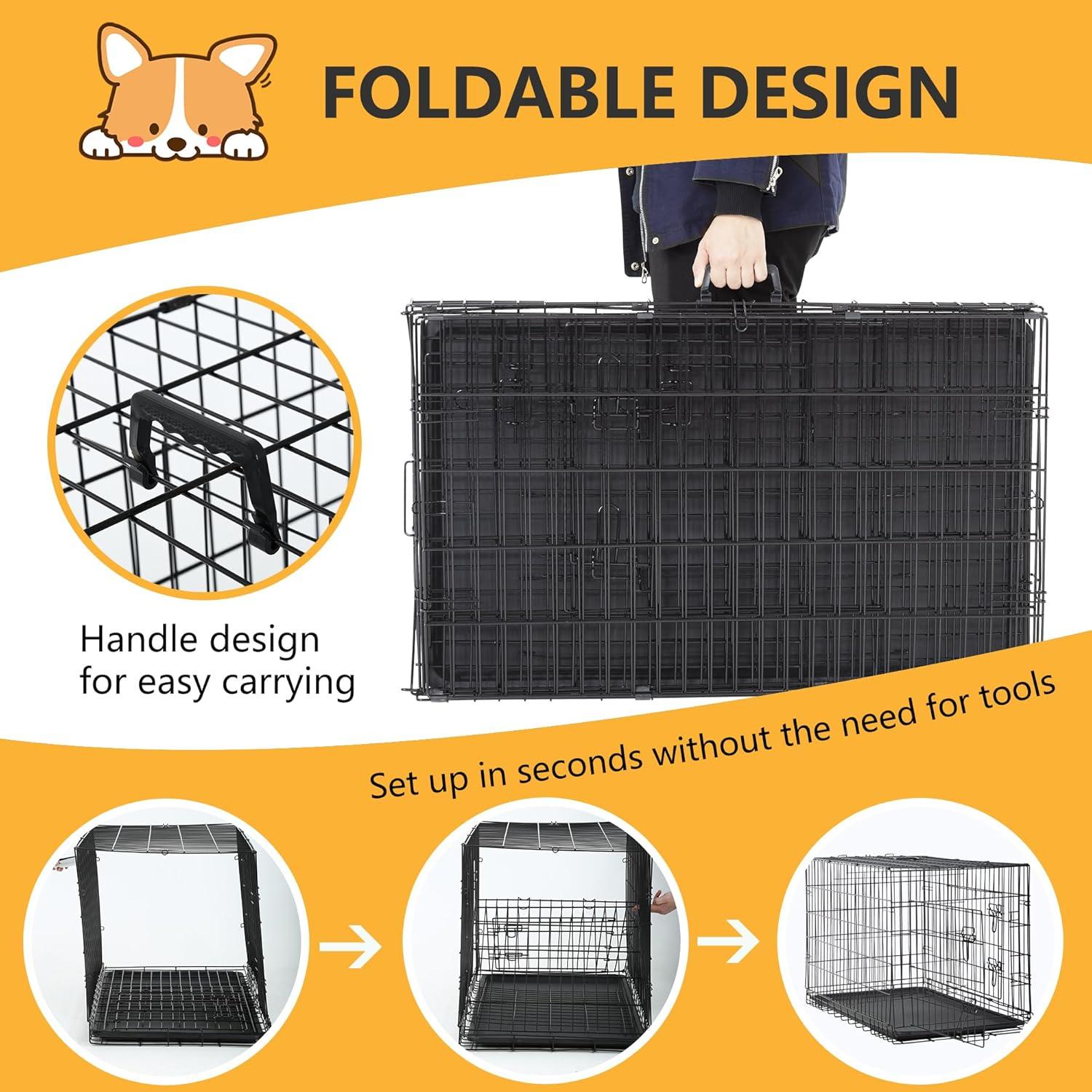 image:imageFDW Dog Crate Dog Kennel Cage with Double Door36 inch Folding Metal Wire Dog Cage with Removable TrayampDivider PanelPet Crate for Medium DogsPinkBlack
