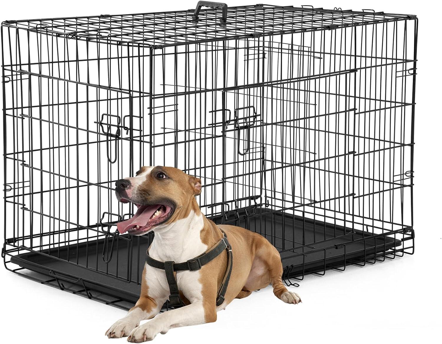 image:imageFDW Dog Crate Dog Kennel Cage with Double Door36 inch Folding Metal Wire Dog Cage with Removable TrayampDivider PanelPet Crate for Medium DogsPinkBlack