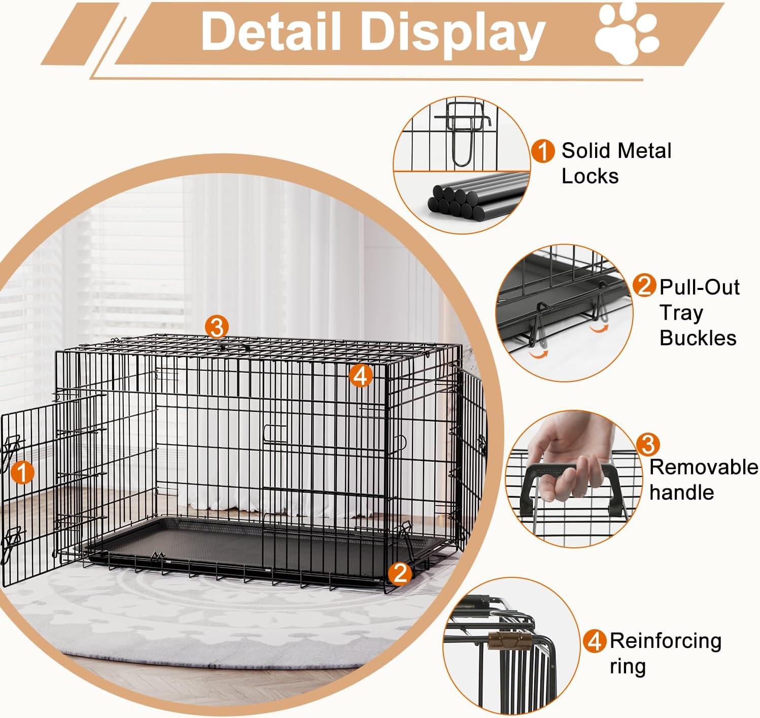 image:imageFDW Dog Crate Dog Kennel Cage with Double Door36 inch Folding Metal Wire Dog Cage with Removable TrayampDivider PanelPet Crate for Medium DogsPinkBlack