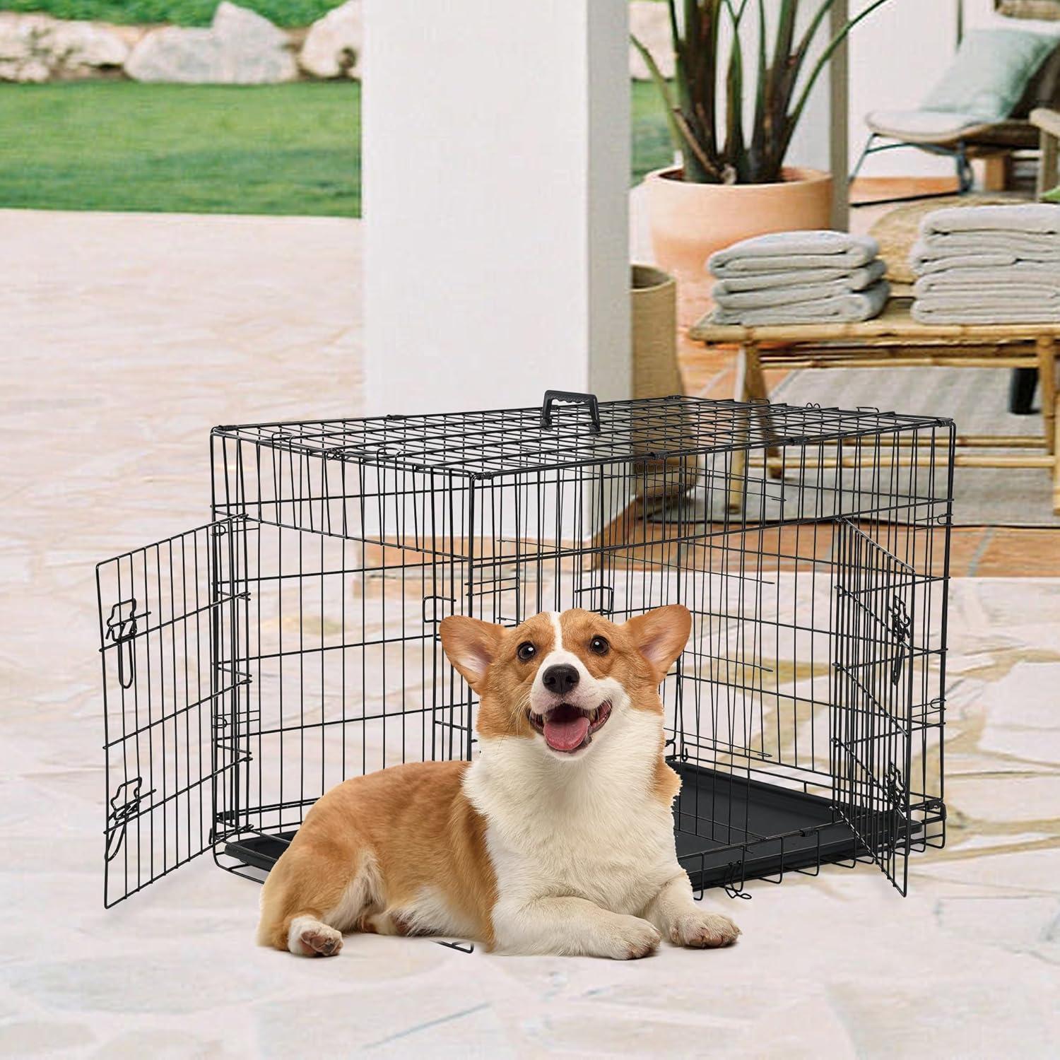 image:imageFDW Dog Crate Dog Kennel Cage with Double Door36 inch Folding Metal Wire Dog Cage with Removable TrayampDivider PanelPet Crate for Medium DogsPinkBlack
