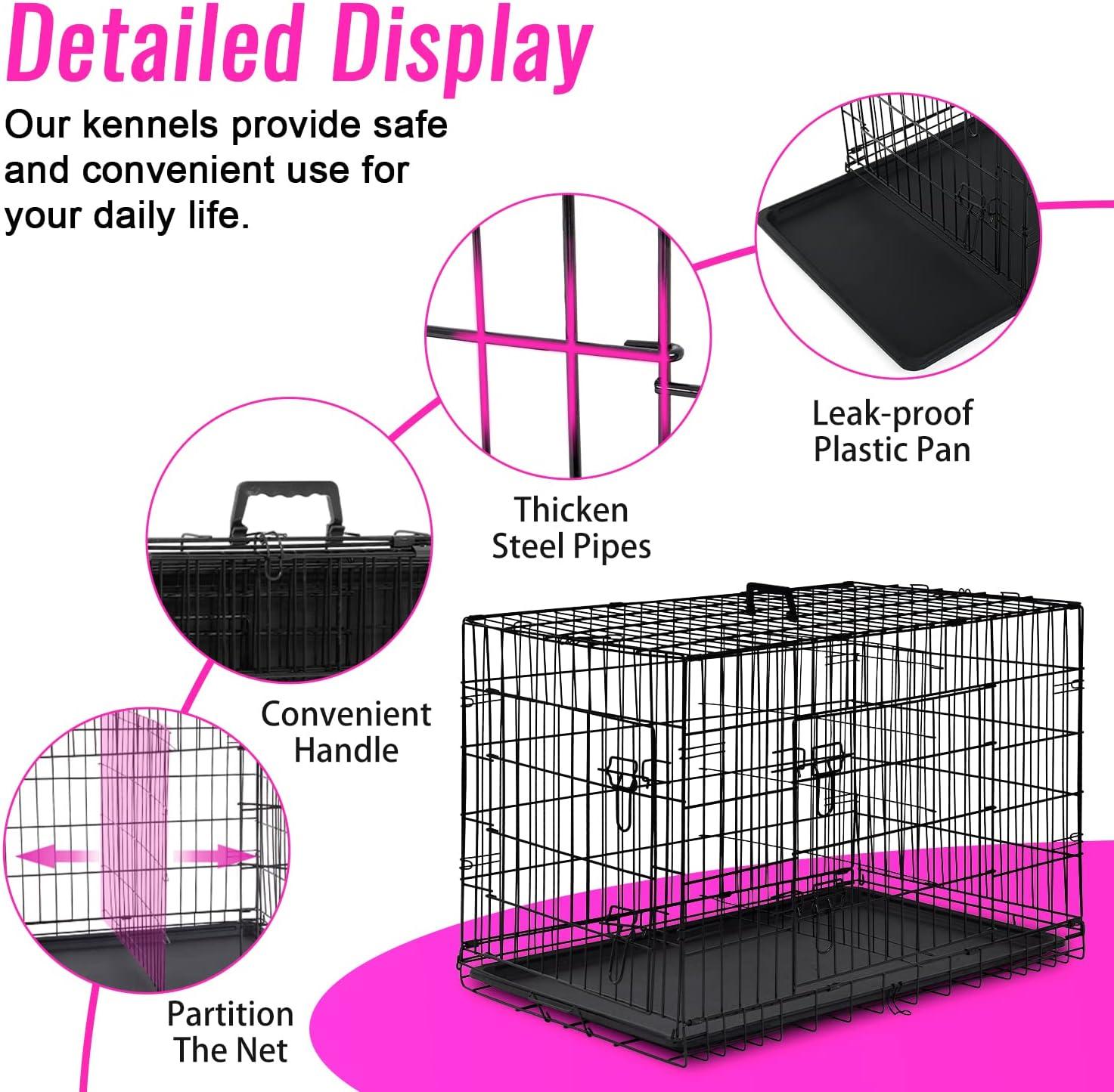 image:imageFDW Dog Crate Dog Kennel Cage with Double Door36 inch Folding Metal Wire Dog Cage with Removable TrayampDivider PanelPet Crate for Medium DogsPinkBlack