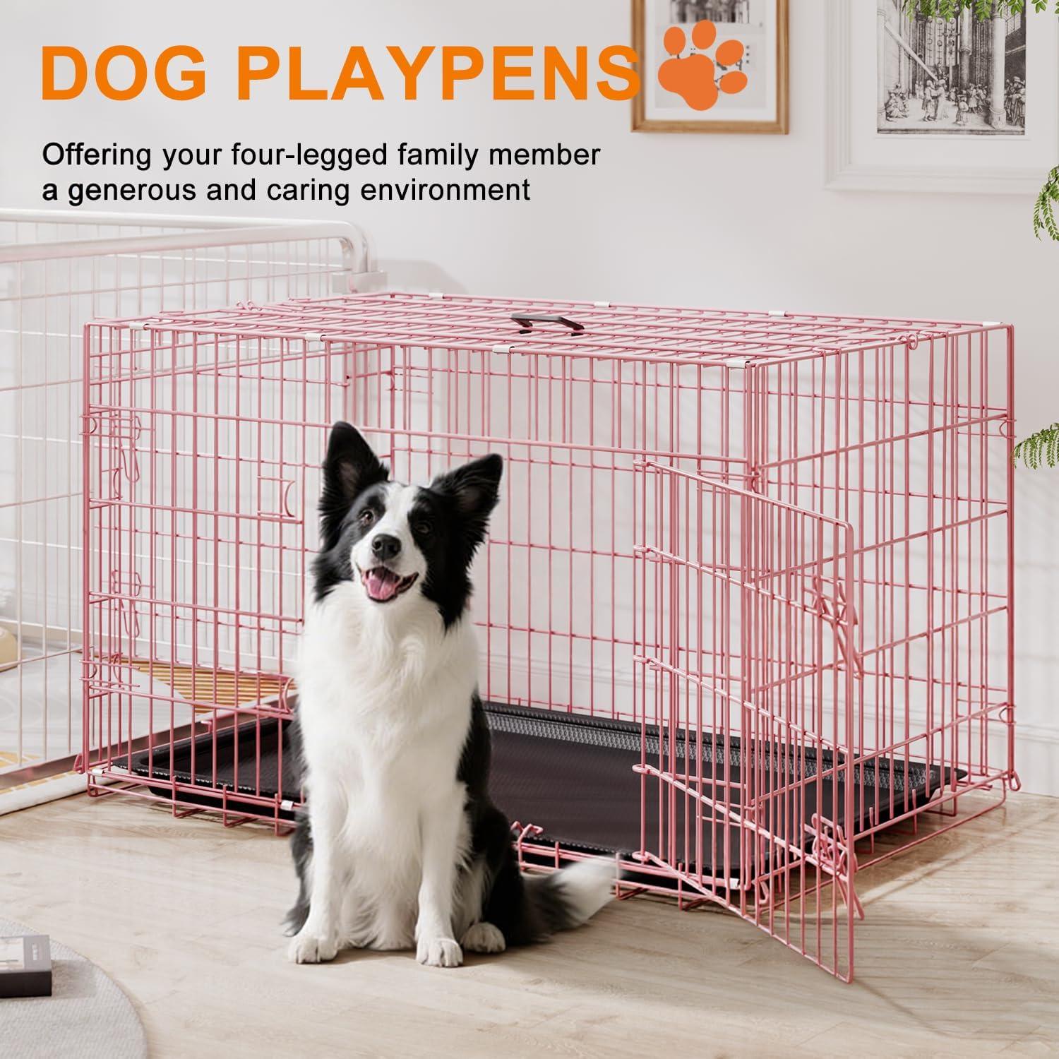 image:imageFDW Dog Crate Dog Kennel Cage with Double Door36 inch Folding Metal Wire Dog Cage with Removable TrayampDivider PanelPet Crate for Medium DogsPinkPink