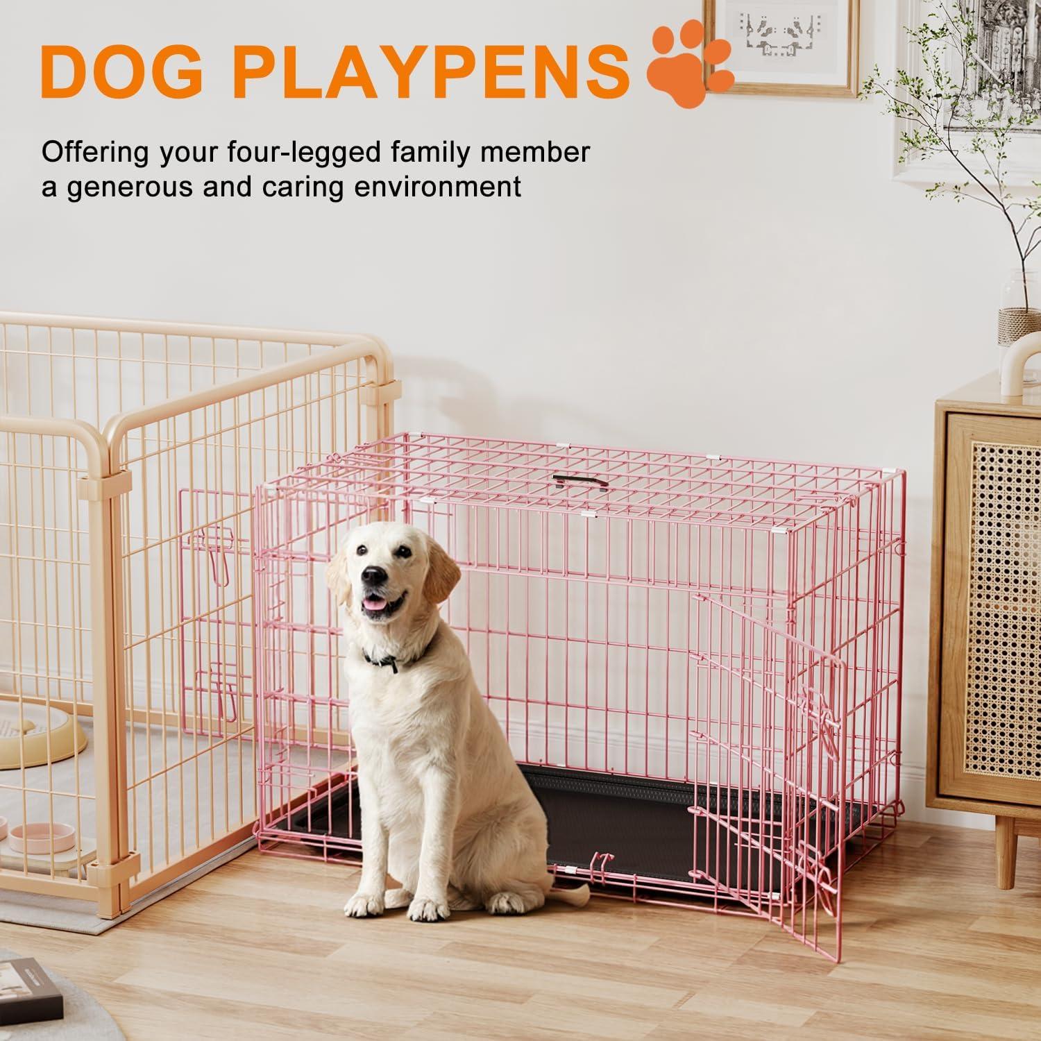 image:imageFDW Dog Crate Dog Kennel Cage with Double Door36 inch Folding Metal Wire Dog Cage with Removable TrayampDivider PanelPet Crate for Medium DogsPinkPink