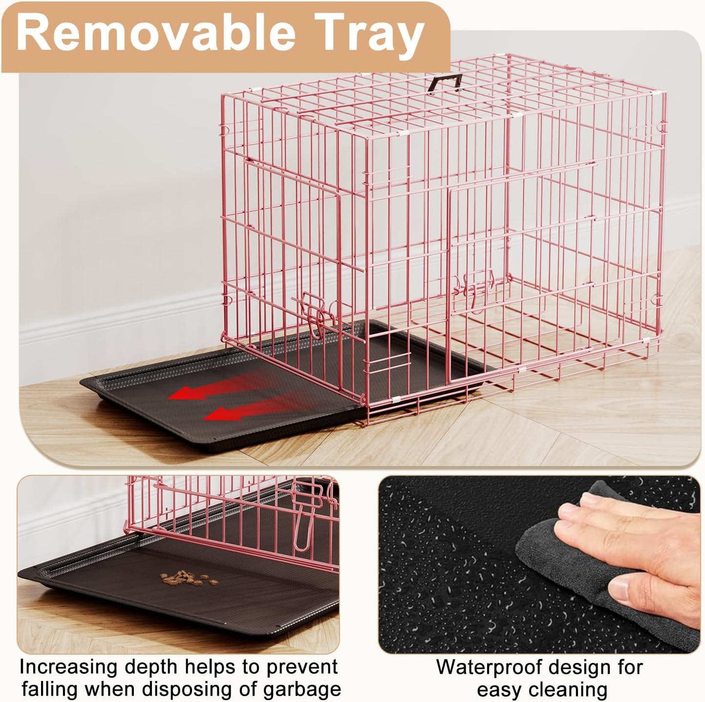 image:imageFDW Dog Crate Dog Kennel Cage with Double Door36 inch Folding Metal Wire Dog Cage with Removable TrayampDivider PanelPet Crate for Medium DogsPinkPink
