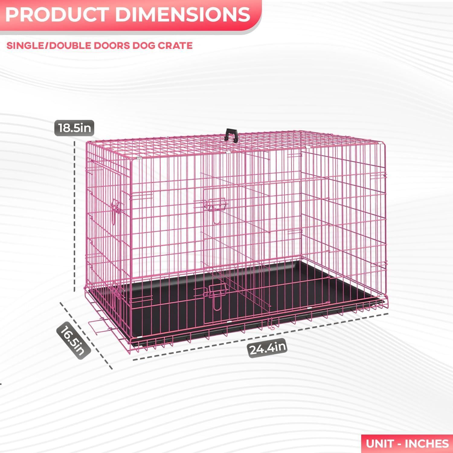 image:imageFDW Dog Crate Dog Kennel Cage with Double Door36 inch Folding Metal Wire Dog Cage with Removable TrayampDivider PanelPet Crate for Medium DogsPinkPink
