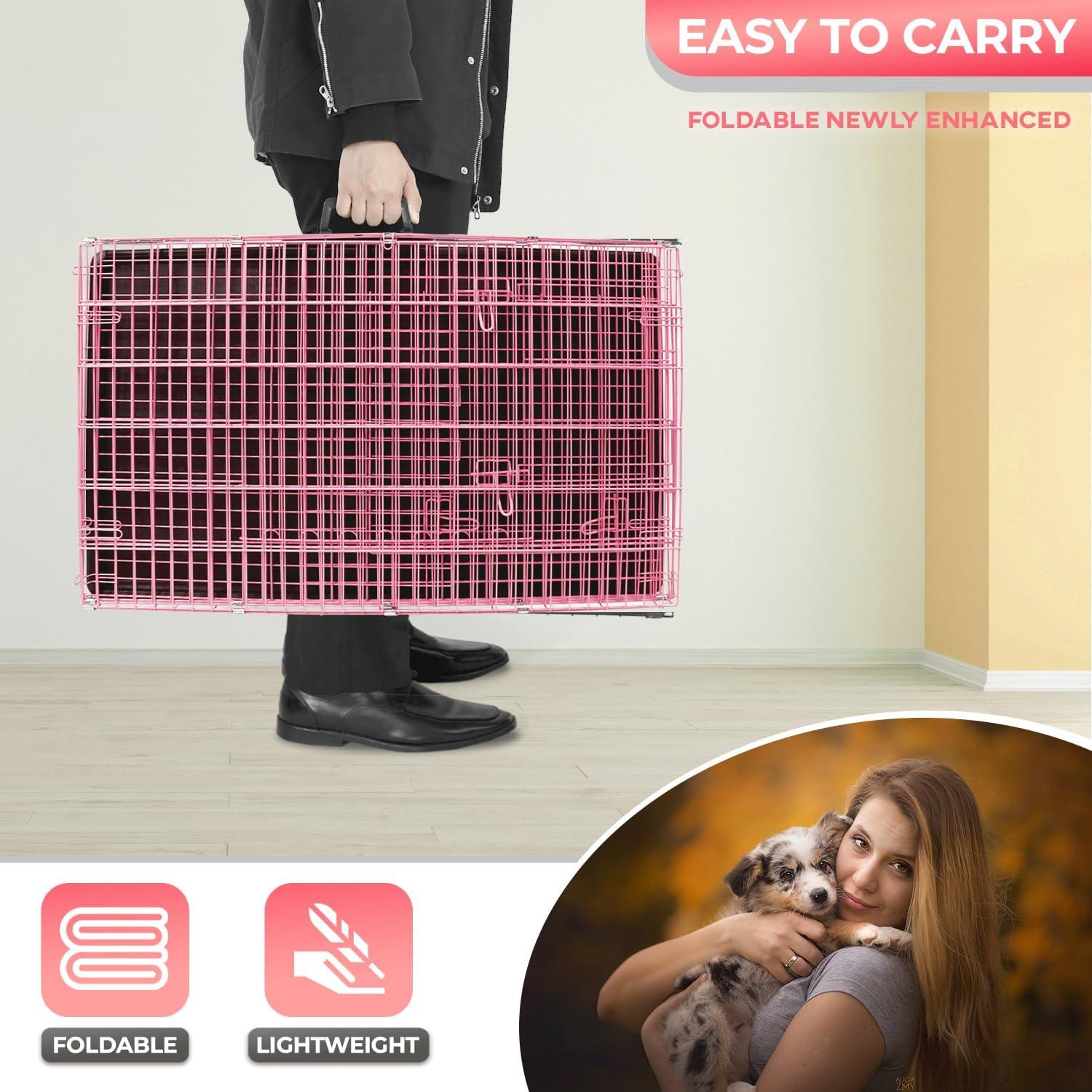 image:imageFDW Dog Crate Dog Kennel Cage with Double Door36 inch Folding Metal Wire Dog Cage with Removable TrayampDivider PanelPet Crate for Medium DogsPinkPink