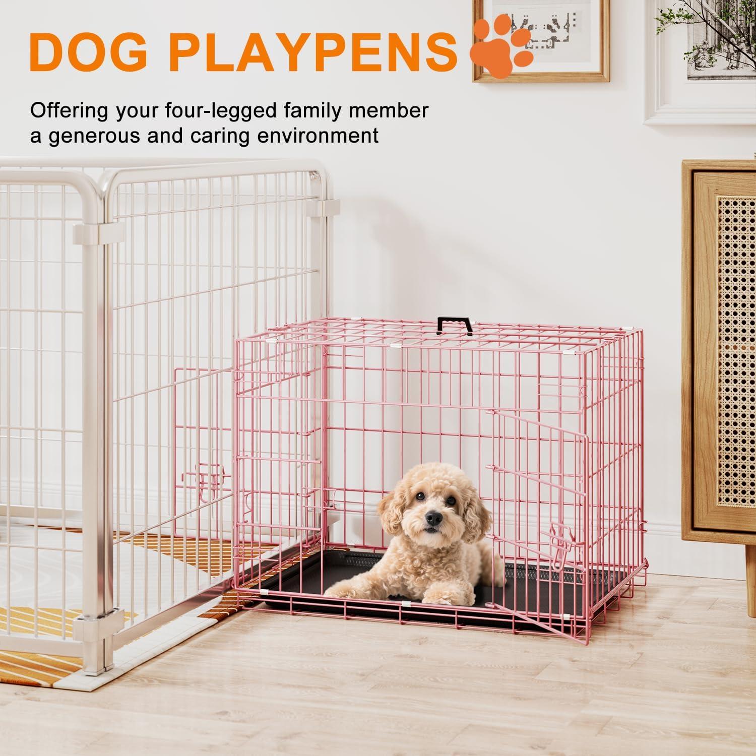 image:imageFDW Dog Crate Dog Kennel Cage with Double Door36 inch Folding Metal Wire Dog Cage with Removable TrayampDivider PanelPet Crate for Medium DogsPinkPink