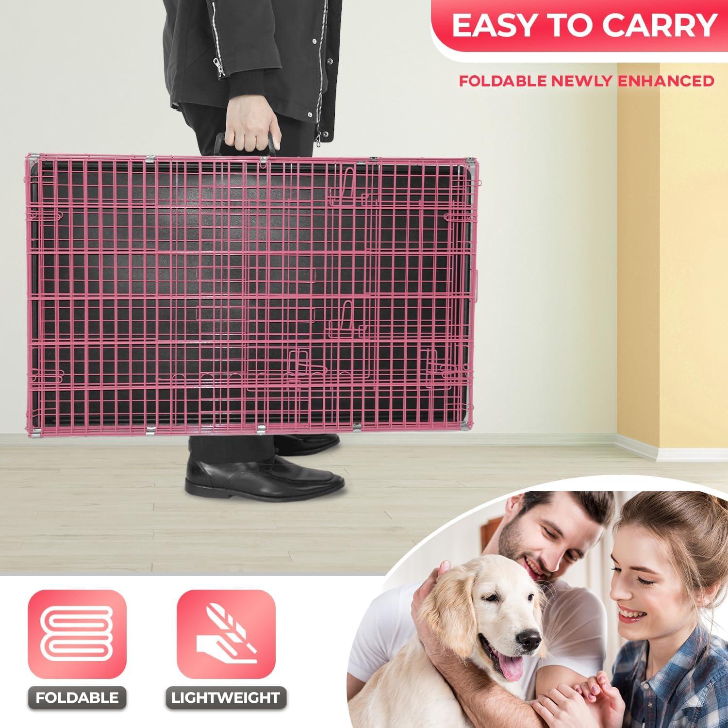 image:imageFDW Dog Crate Dog Kennel Cage with Double Door36 inch Folding Metal Wire Dog Cage with Removable TrayampDivider PanelPet Crate for Medium DogsPinkPink