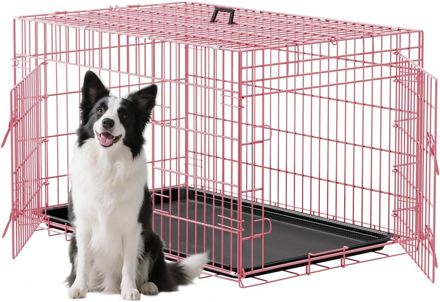 image:imageFDW Dog Crate Dog Kennel Cage with Double Door36 inch Folding Metal Wire Dog Cage with Removable TrayampDivider PanelPet Crate for Medium DogsPinkPink