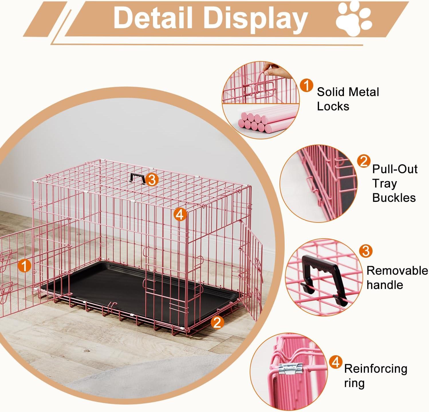 image:imageFDW Dog Crate Dog Kennel Cage with Double Door36 inch Folding Metal Wire Dog Cage with Removable TrayampDivider PanelPet Crate for Medium DogsPinkPink