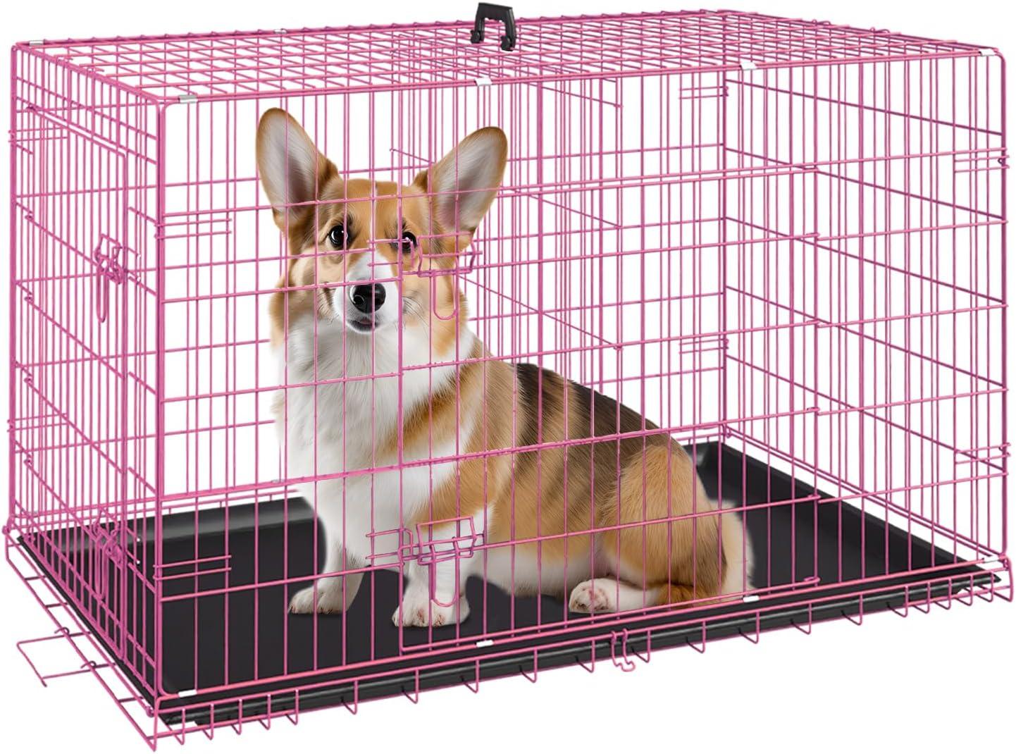 image:imageFDW Dog Crate Dog Kennel Cage with Double Door36 inch Folding Metal Wire Dog Cage with Removable TrayampDivider PanelPet Crate for Medium DogsPinkPink