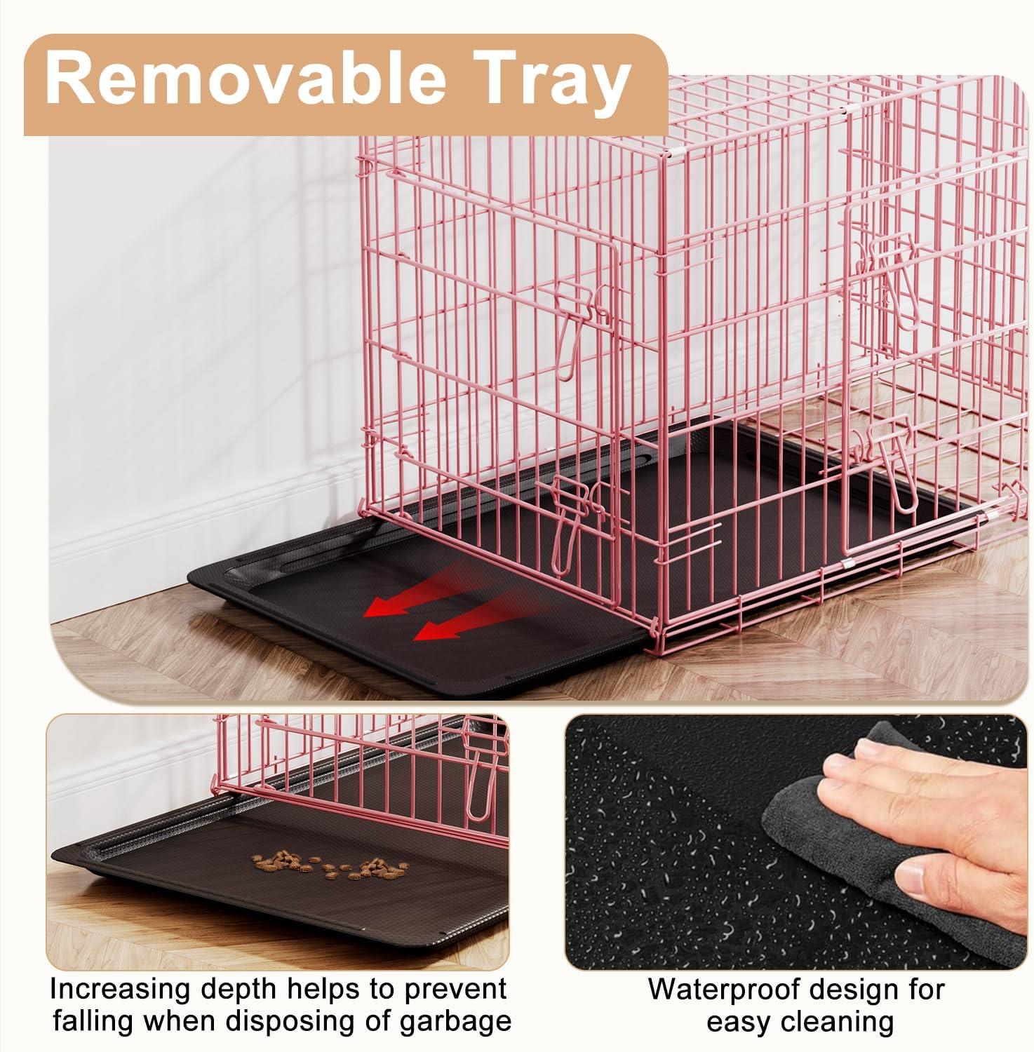 image:imageFDW Dog Crate Dog Kennel Cage with Double Door36 inch Folding Metal Wire Dog Cage with Removable TrayampDivider PanelPet Crate for Medium DogsPinkPink