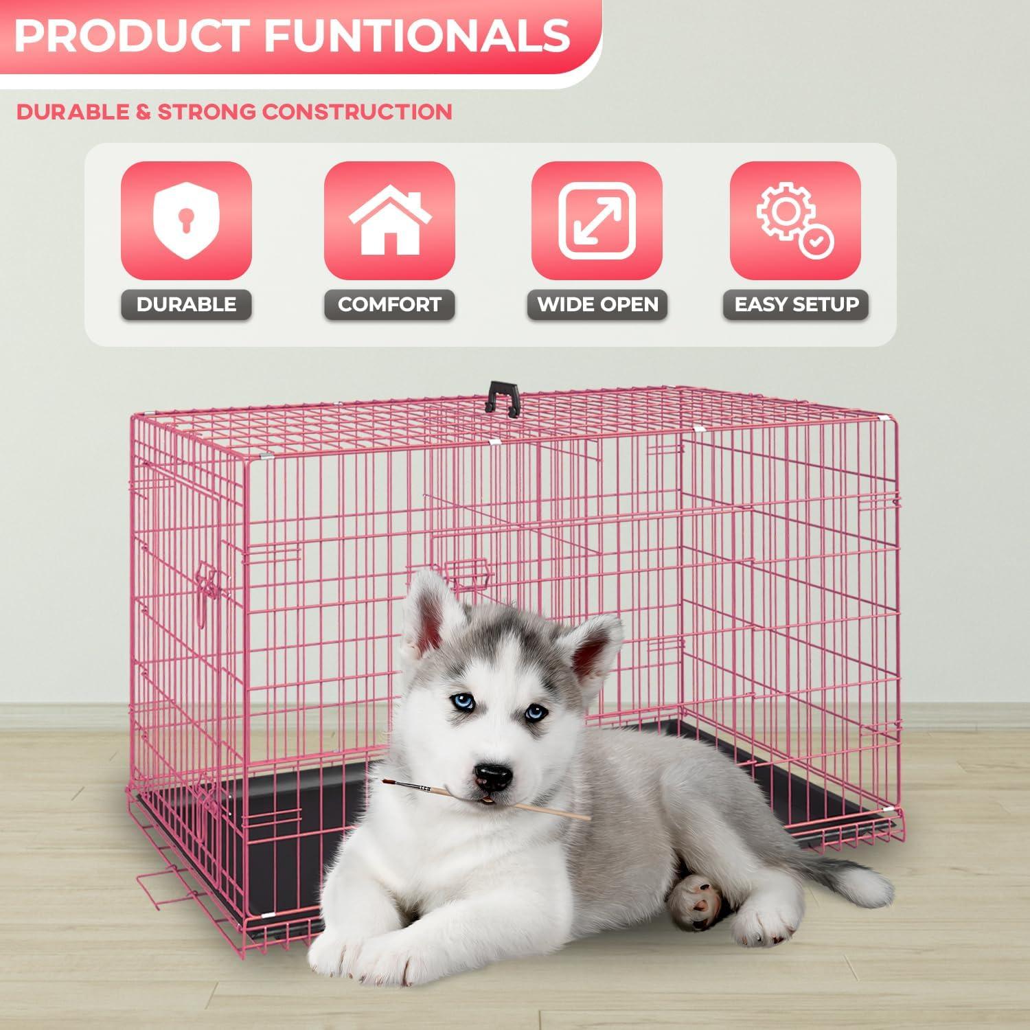 image:imageFDW Dog Crate Dog Kennel Cage with Double Door36 inch Folding Metal Wire Dog Cage with Removable TrayampDivider PanelPet Crate for Medium DogsPinkPink