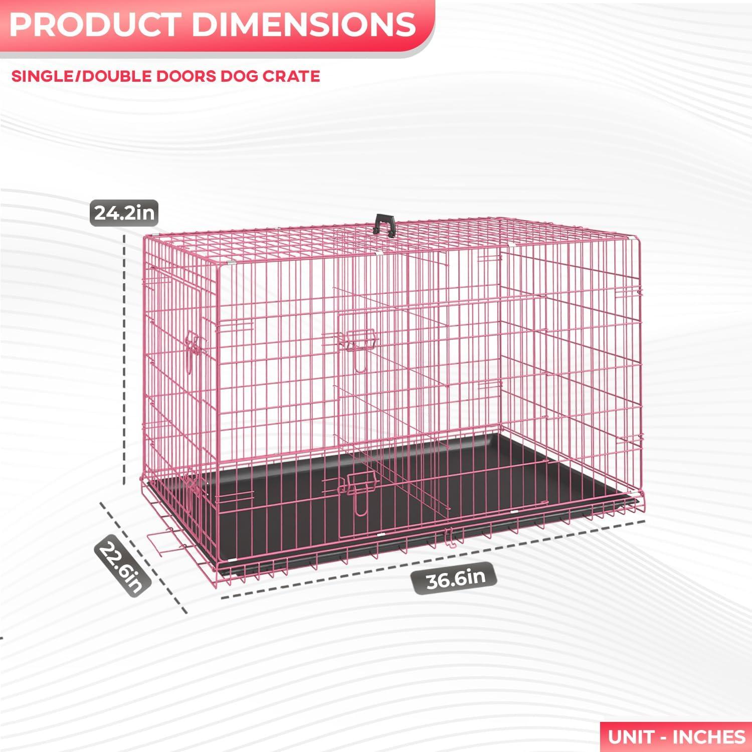 image:imageFDW Dog Crate Dog Kennel Cage with Double Door36 inch Folding Metal Wire Dog Cage with Removable TrayampDivider PanelPet Crate for Medium DogsPinkPink