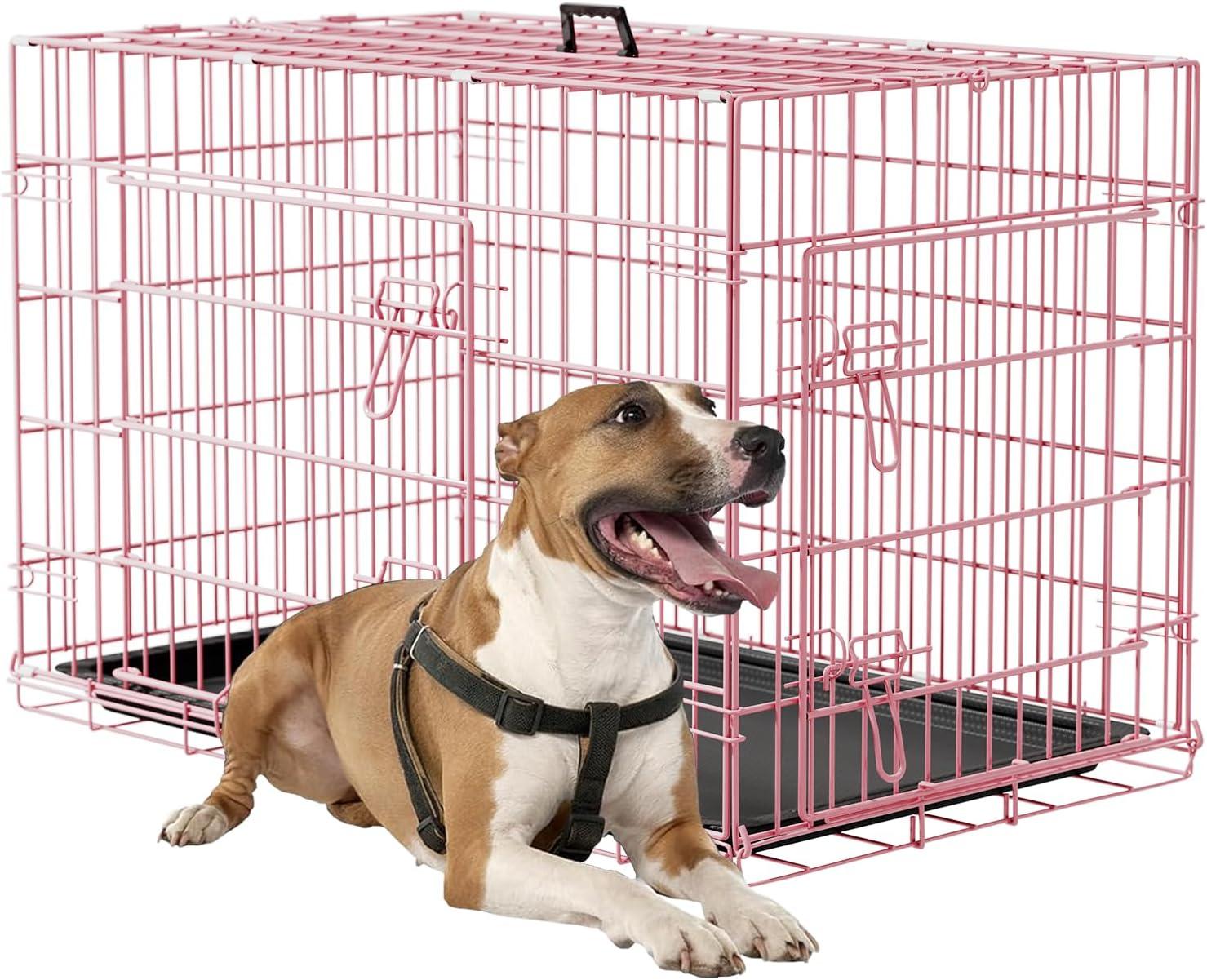 image:imageFDW Dog Crate Dog Kennel Cage with Double Door36 inch Folding Metal Wire Dog Cage with Removable TrayampDivider PanelPet Crate for Medium DogsPinkPink