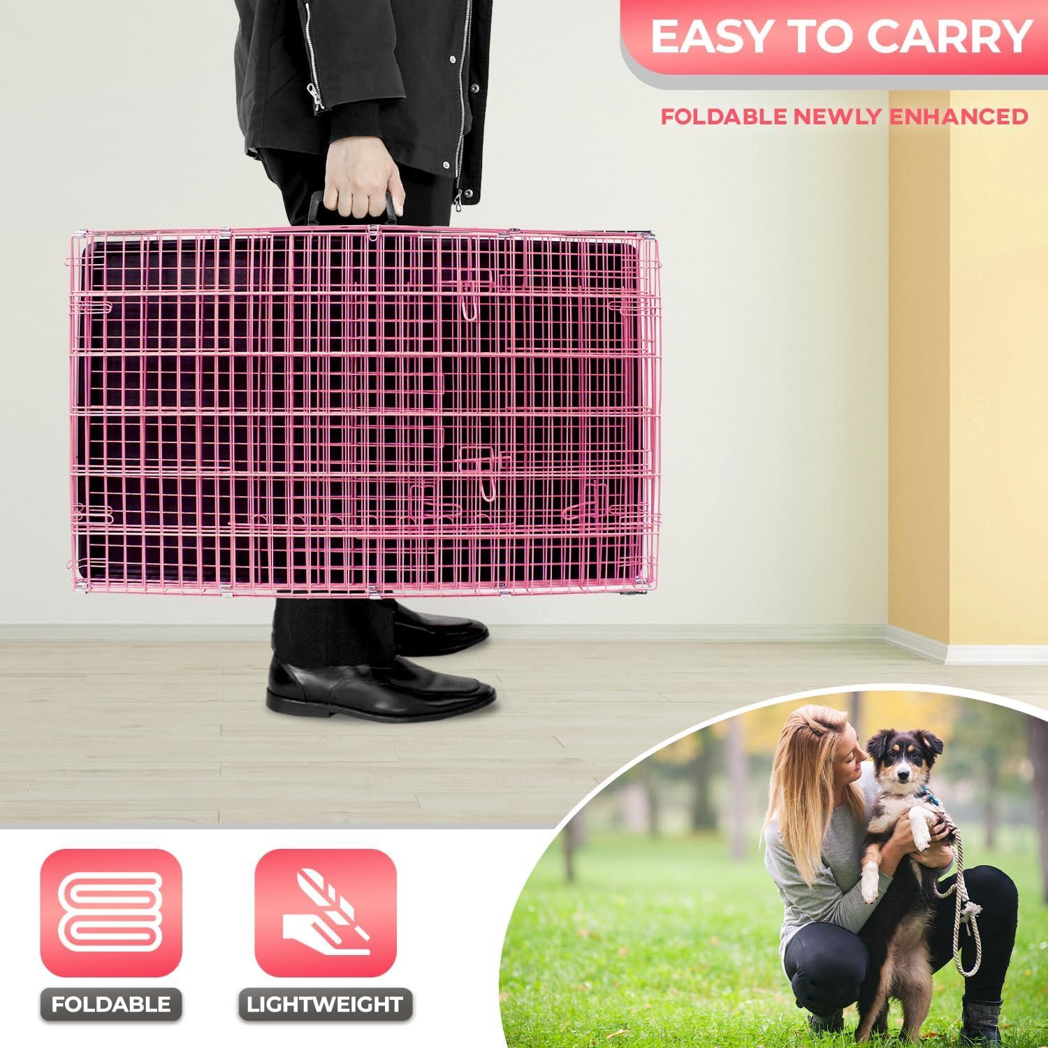 image:imageFDW Dog Crate Dog Kennel Cage with Double Door36 inch Folding Metal Wire Dog Cage with Removable TrayampDivider PanelPet Crate for Medium DogsPinkPink